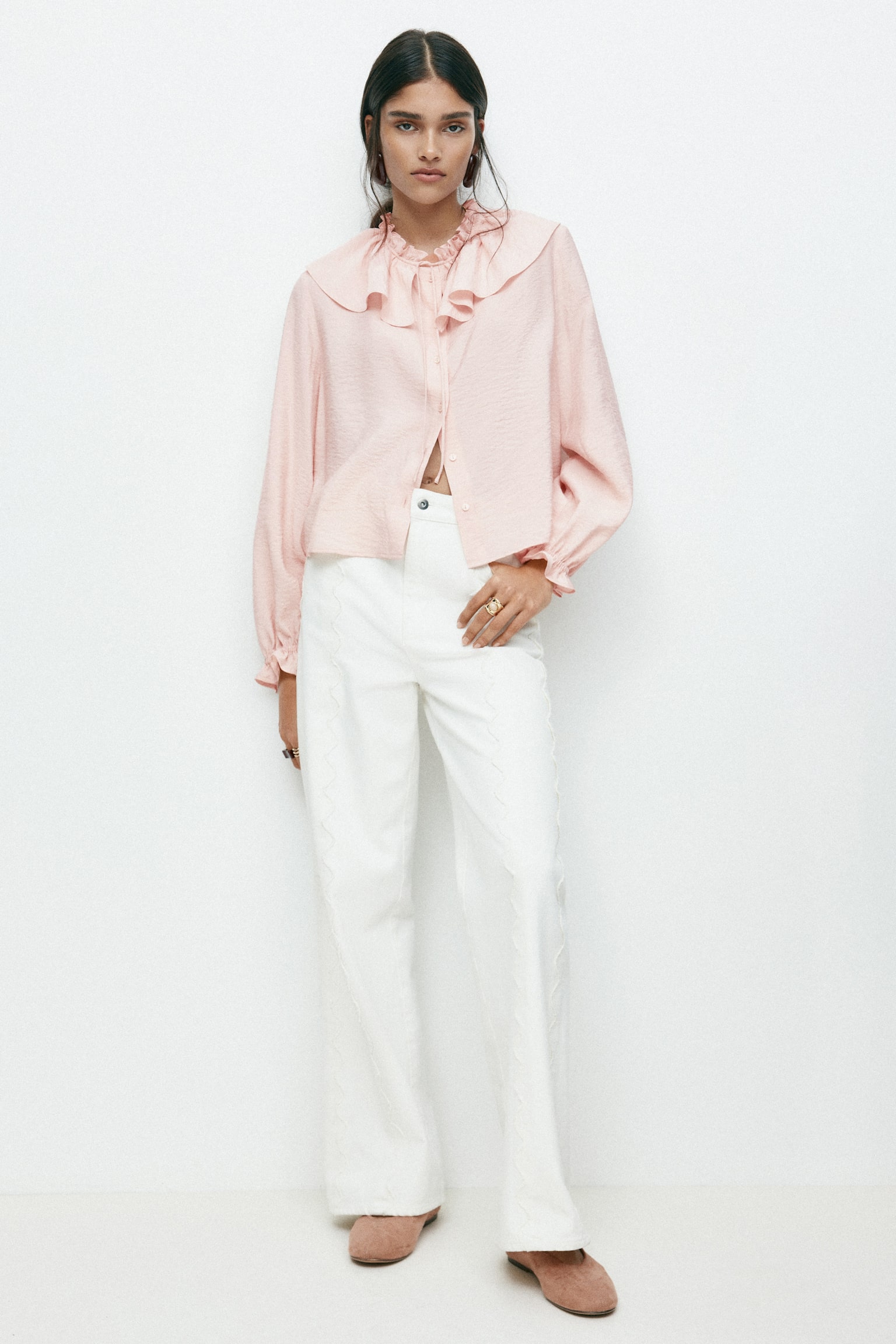 Frill-trimmed blouse - Powder pink/Light beige/Spotted - 3