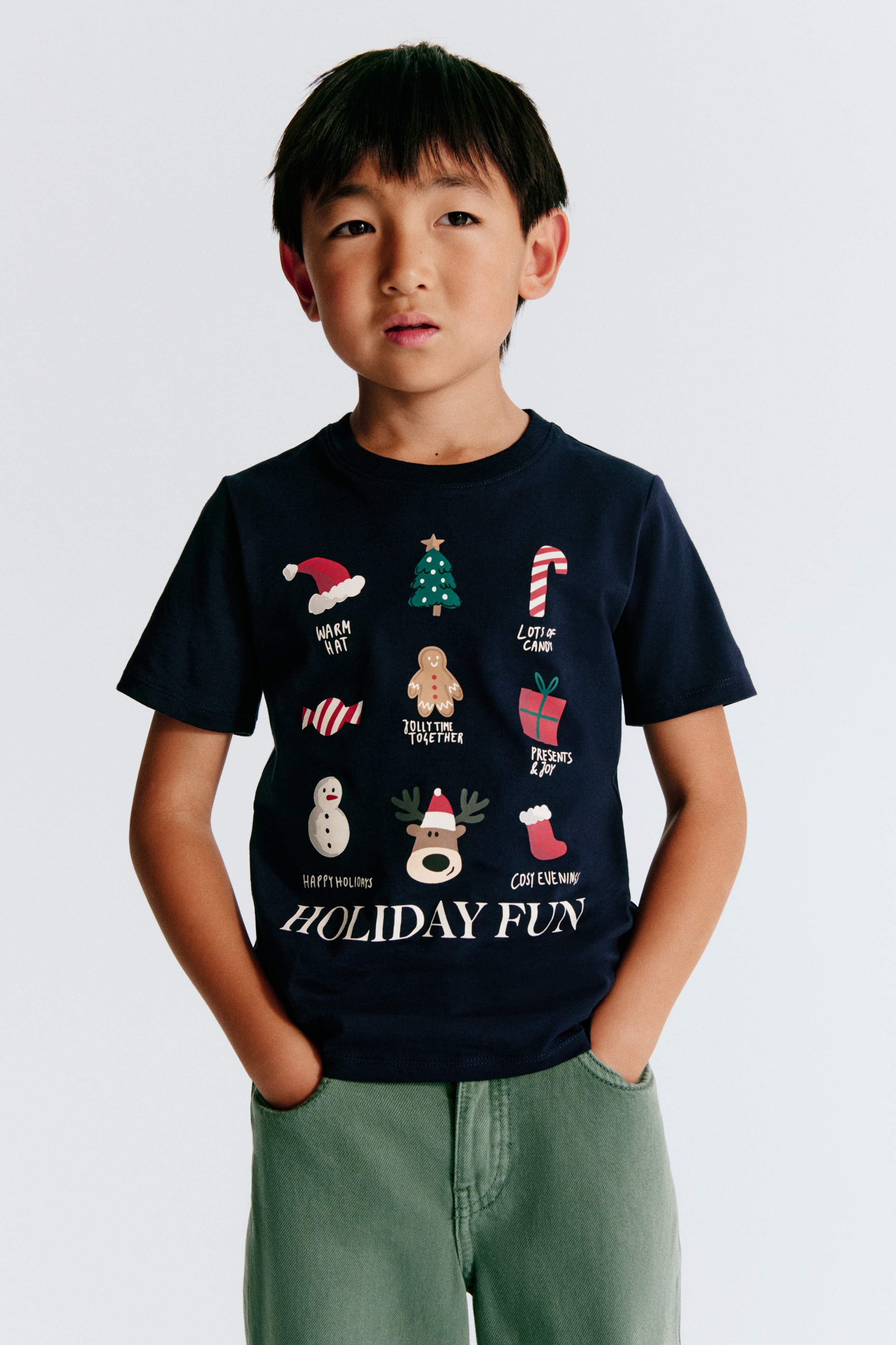 Printed cotton T-shirt - Navy blue/Holiday Fun/Light beige/Reindeer/Red/Jolly Time