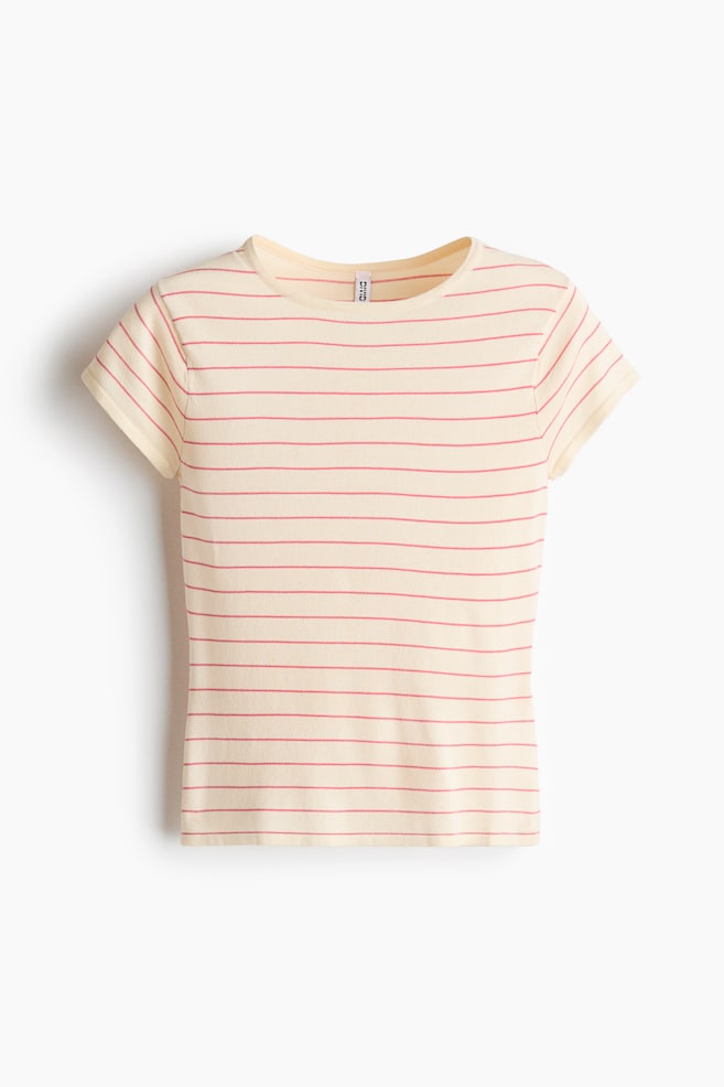 Cap-Sleeved Fine-Knit Top - Light beige/striped/Burgundy/Dark turquoise - 1