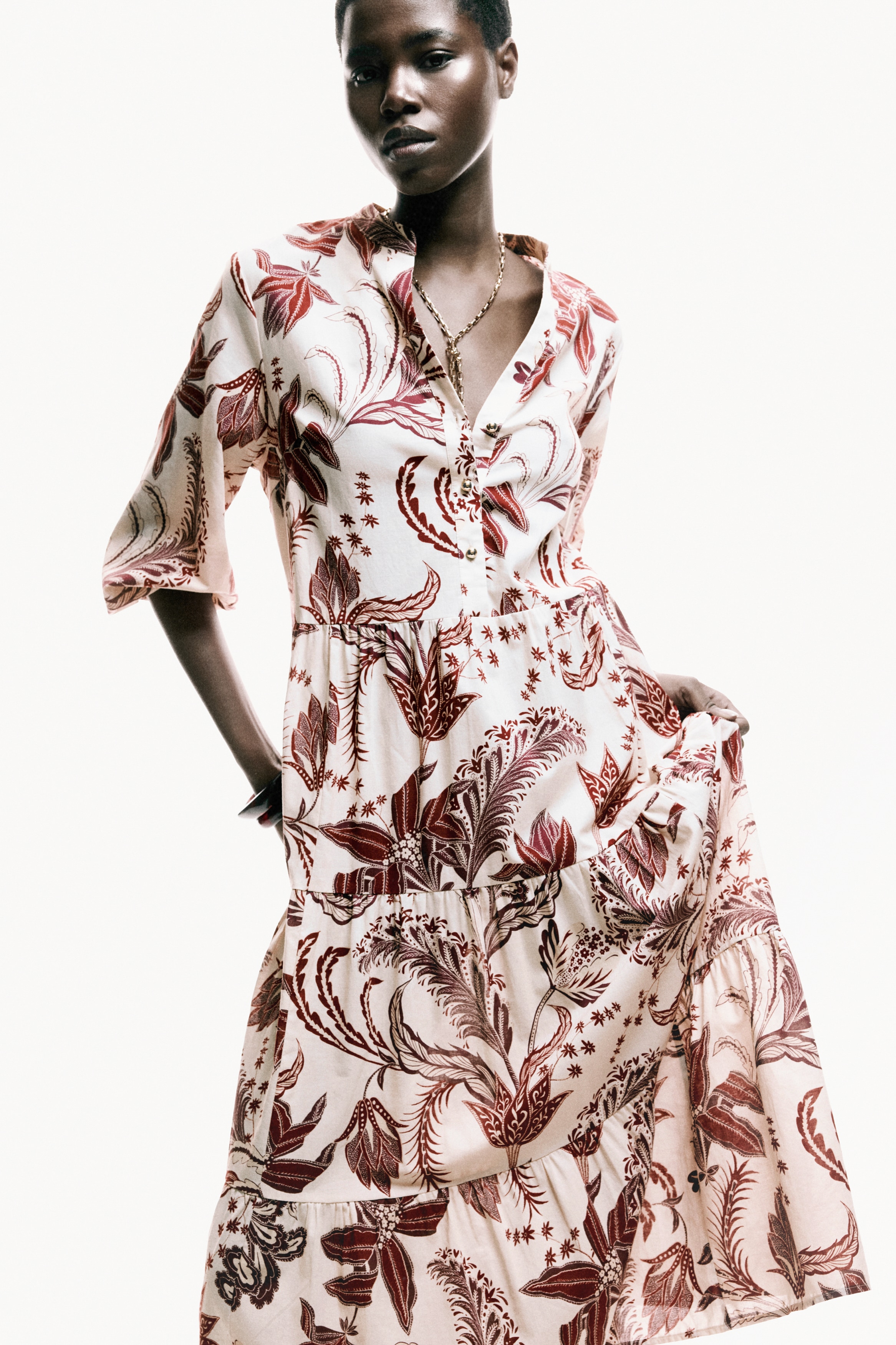 Tiered midi dress-Svetlobež/dezen