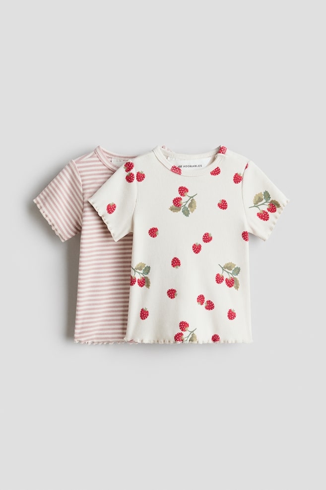 2-pack Ribbed Cotton Tops - Cream/raspberries/Beige/floral/Pink/floral/Dark beige/white/Cream/lemons - 1