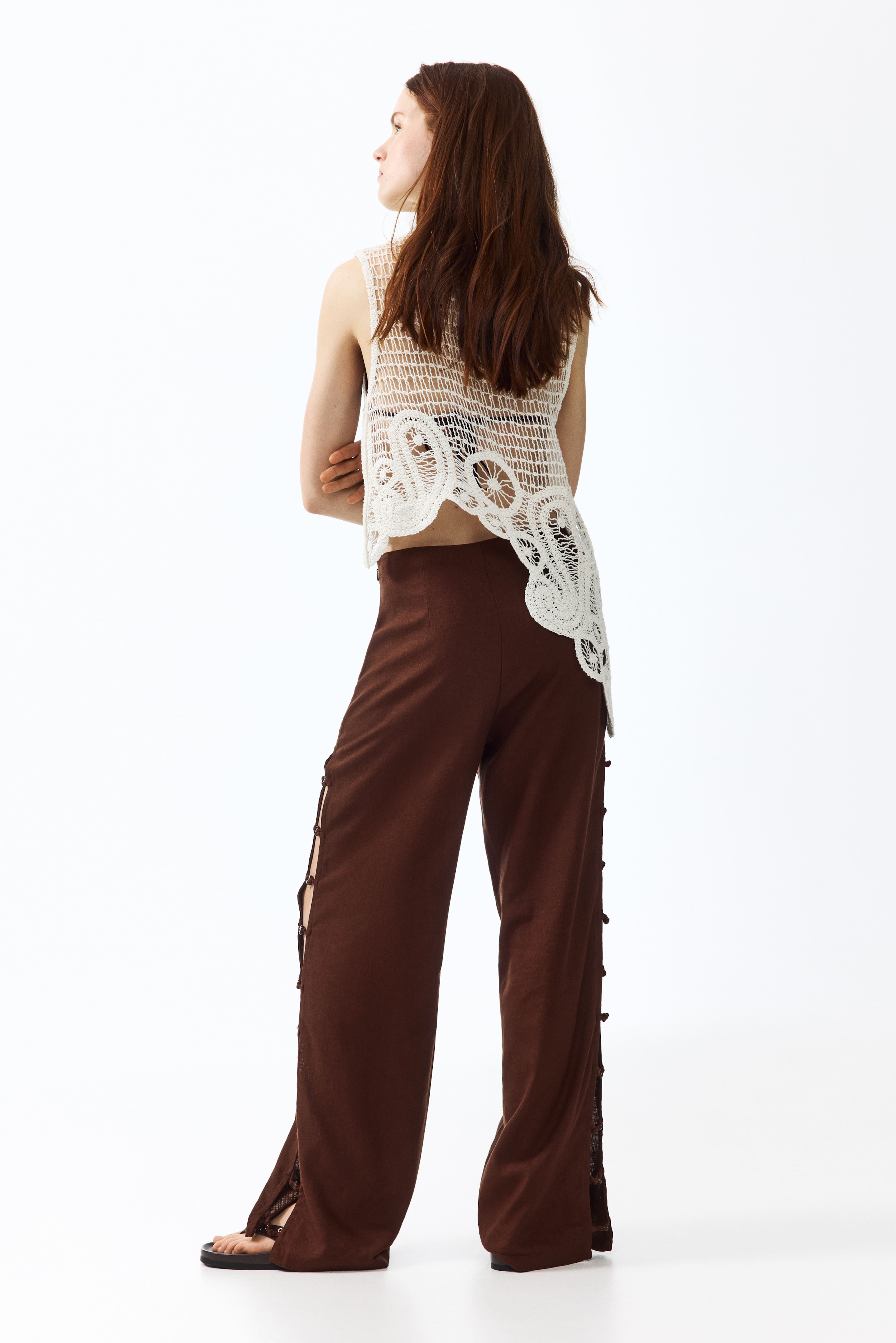Bead-Detail Linen-Blend Pants
