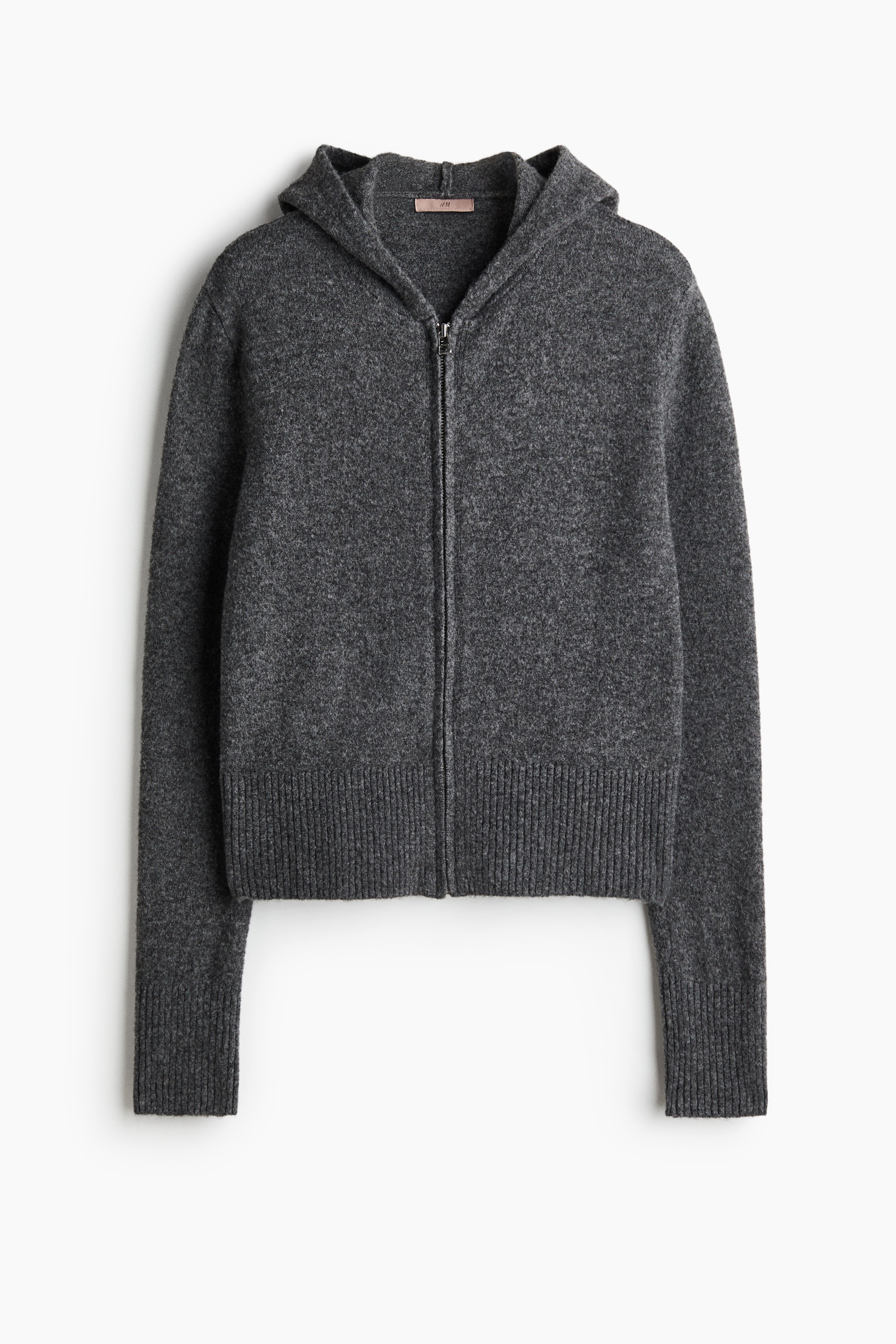 Knit Hooded Jacket - Dark gray melange/Light beige melange