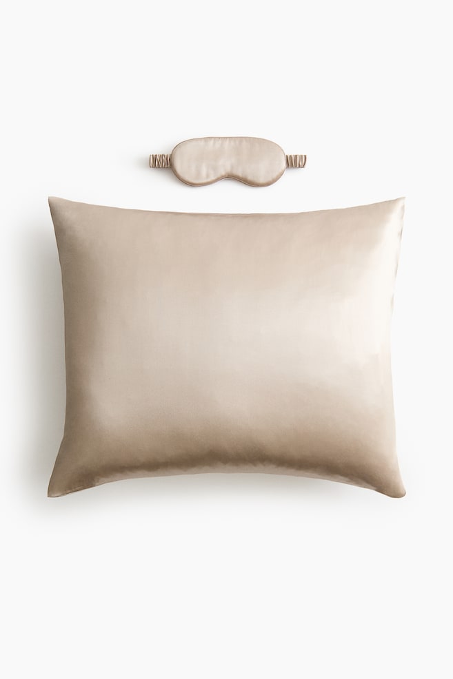 Silk Pillowcase and Sleep Mask - Light taupe/White - 1