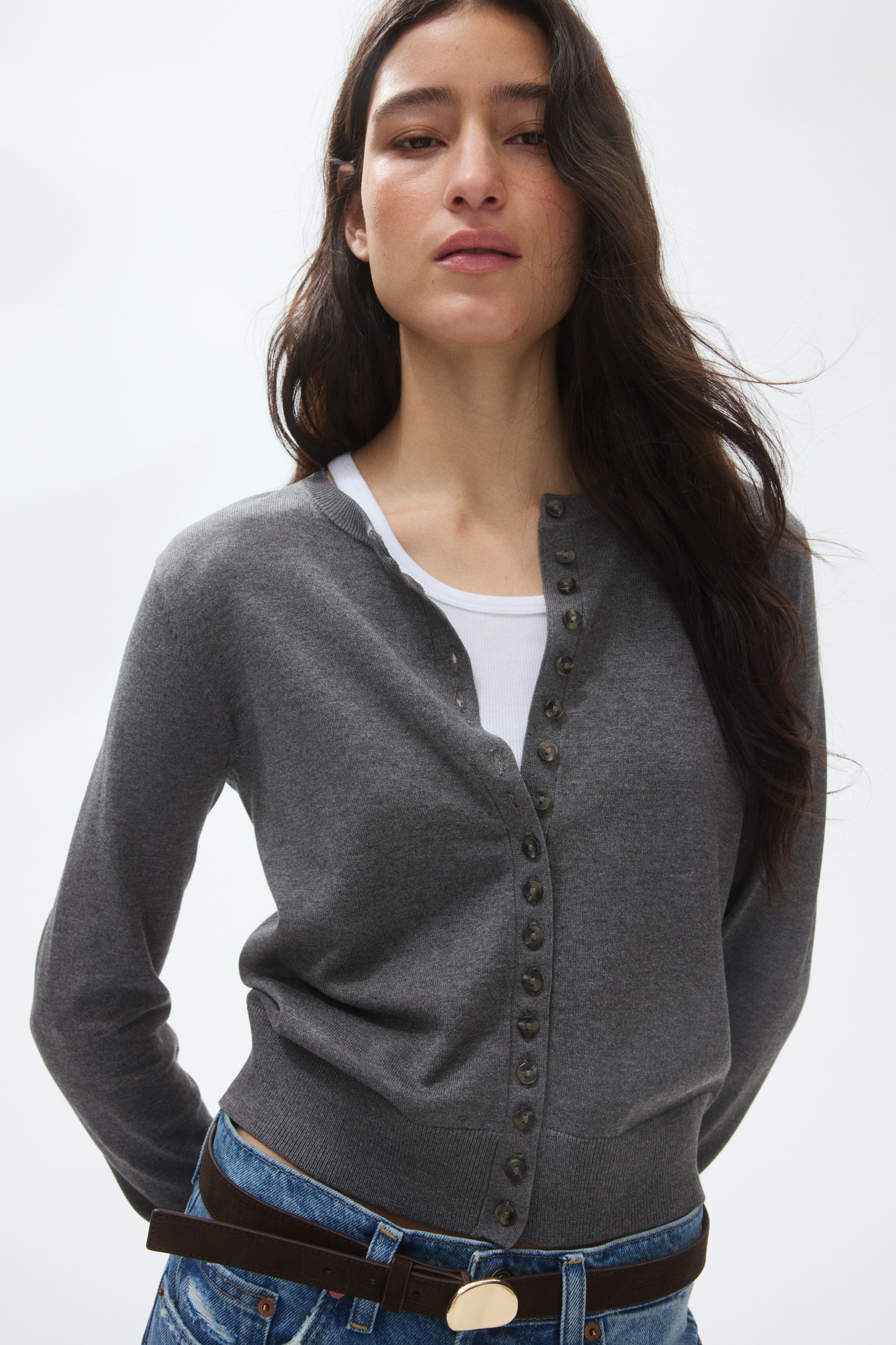 Fine Knit Cardigan - Grey marle/Beige