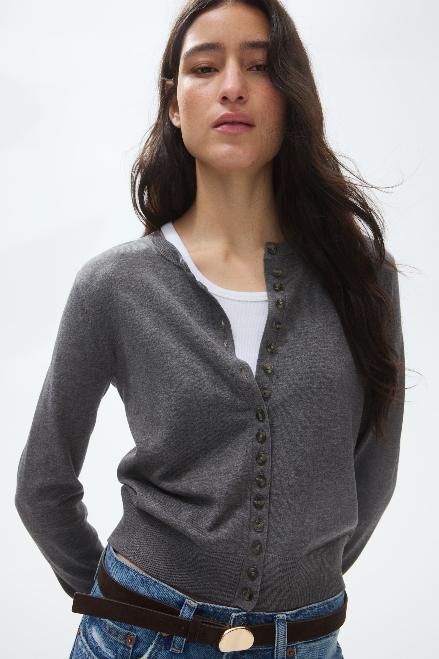 Fine Knit Cardigan - Grey marle/Beige - 1
