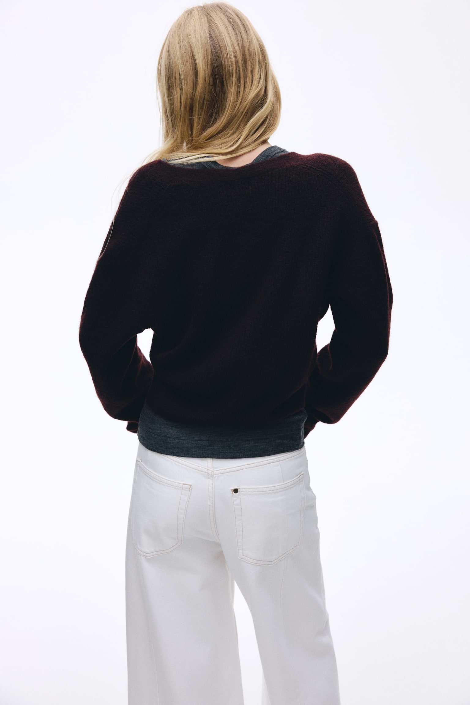 Rib-Knit Cardigan - Dark plum purple/Cream/Dark gray - 4