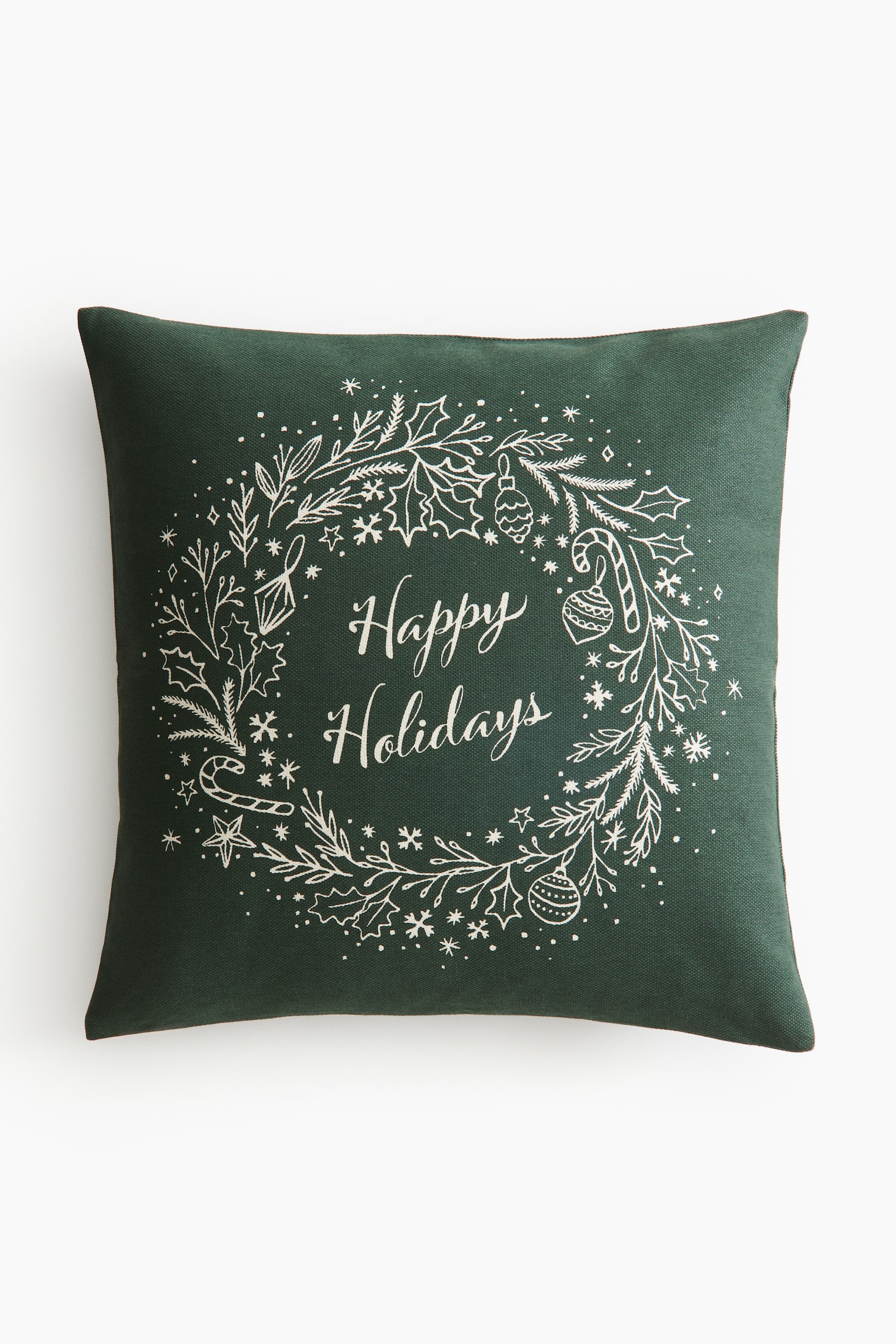 Printed cushion cover - Green/Happy Holidays/Natural white/Wreath - 1