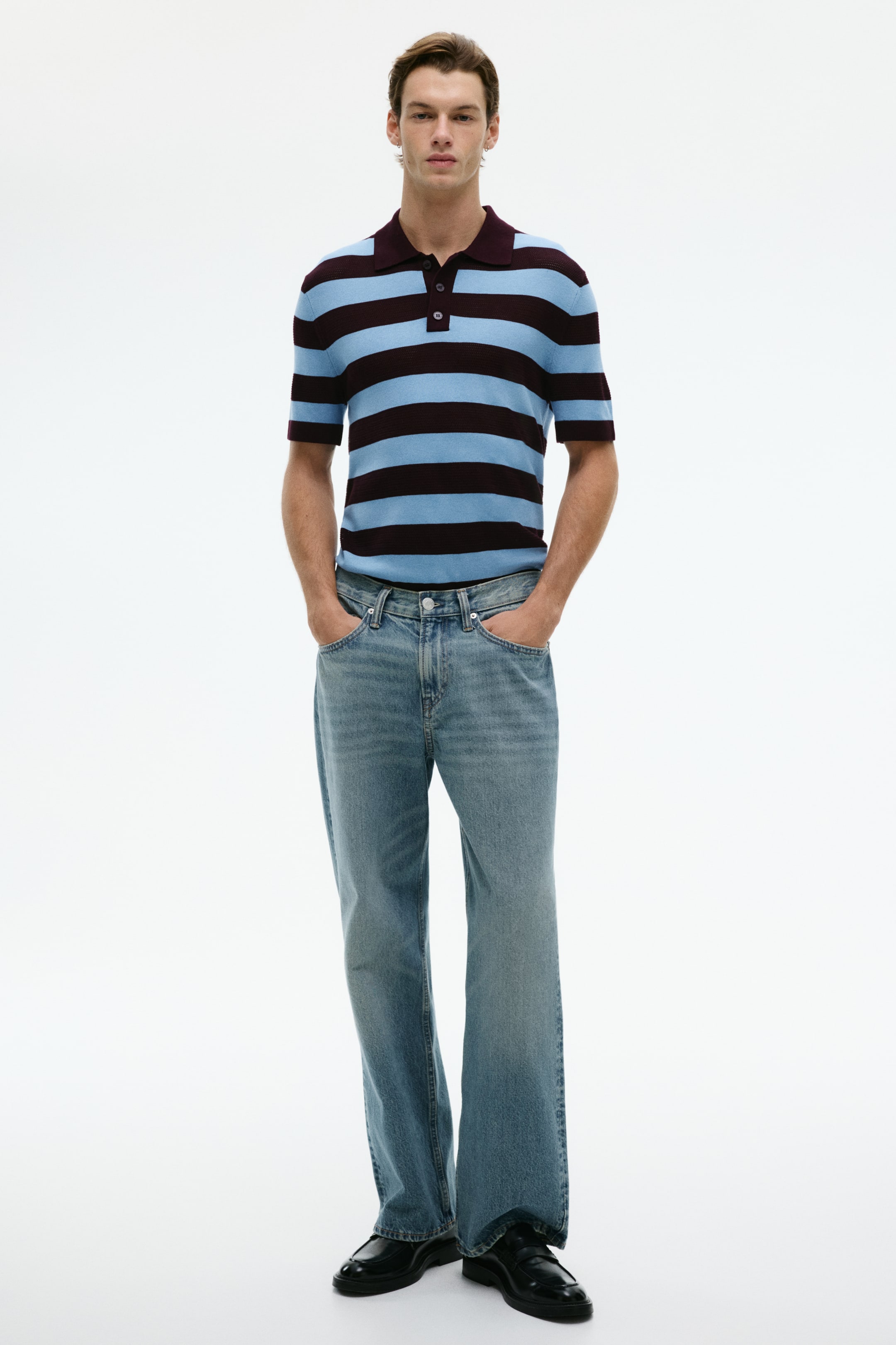 View larger image: Regular Fit Fine-knit polo shirt - Burgundy/Striped - Men | H&M SG 1