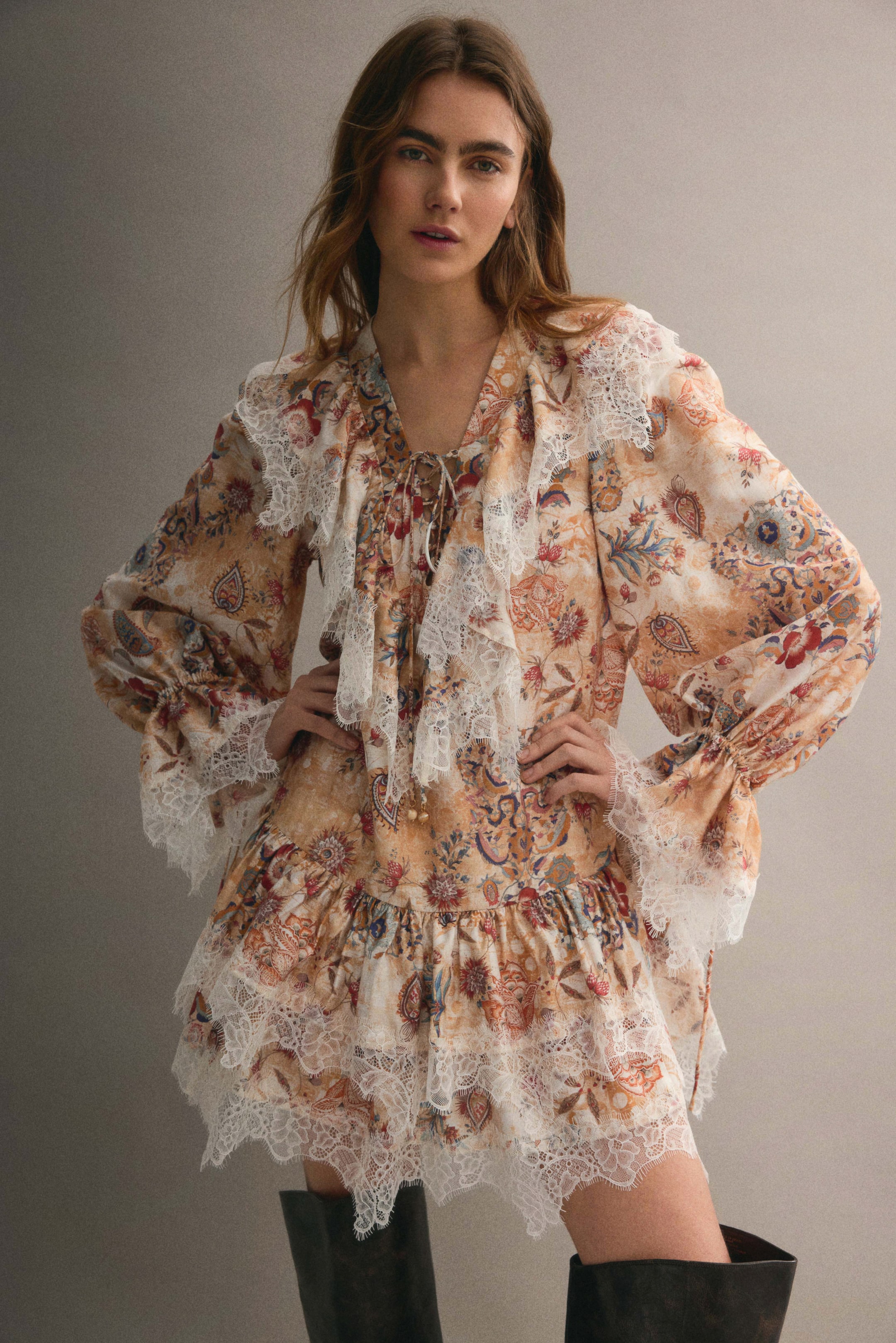 View larger image: Lace-trimmed dress - Beige/Patterned - Ladies | H&M GB 1