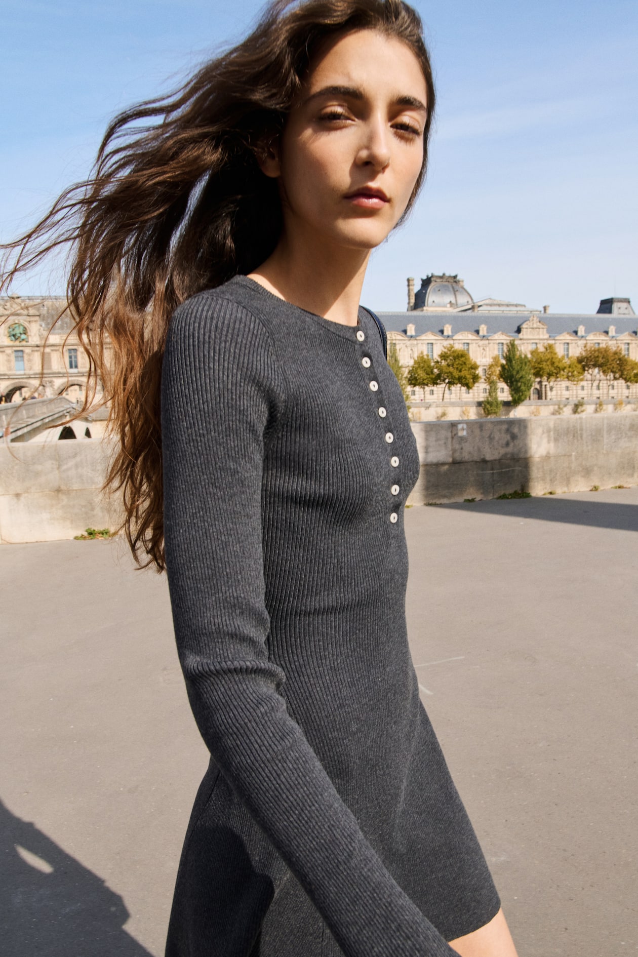 Women's Dark gray Rib-Knit Dress with Flared Skirt | H&M CA Women's Dark gray Rib-Knit Dress with Flared Skirt | H&M CA