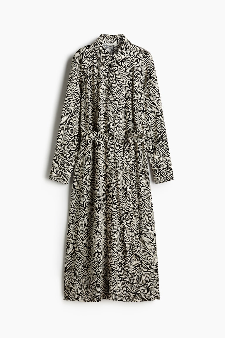 Tie-Belt Viscose Shirt Dress - Black/cream patterned