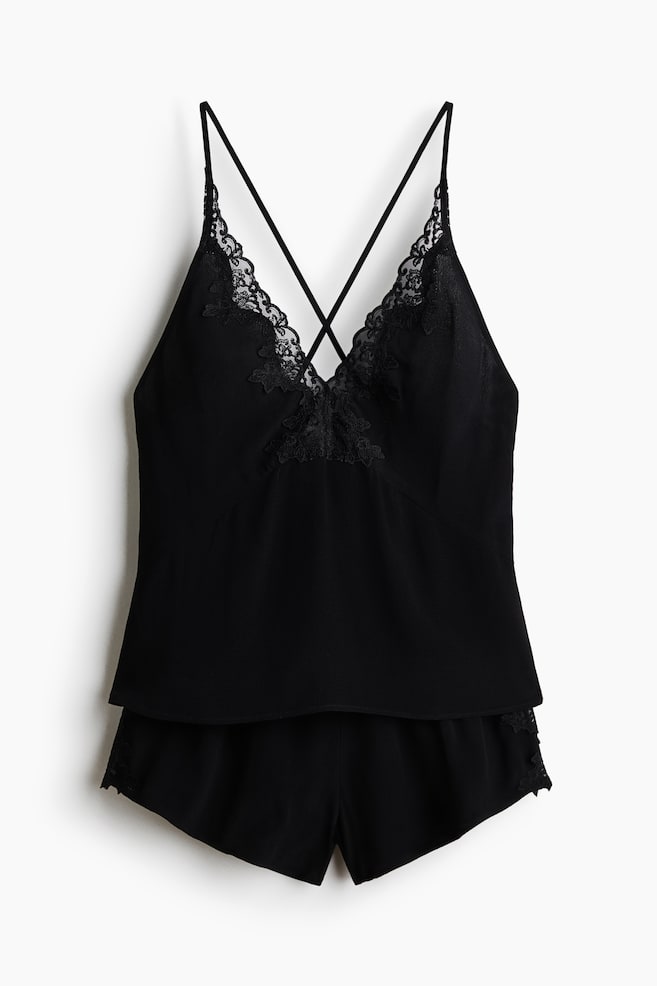 Lace-trimmed viscose pyjamas - Black - 1