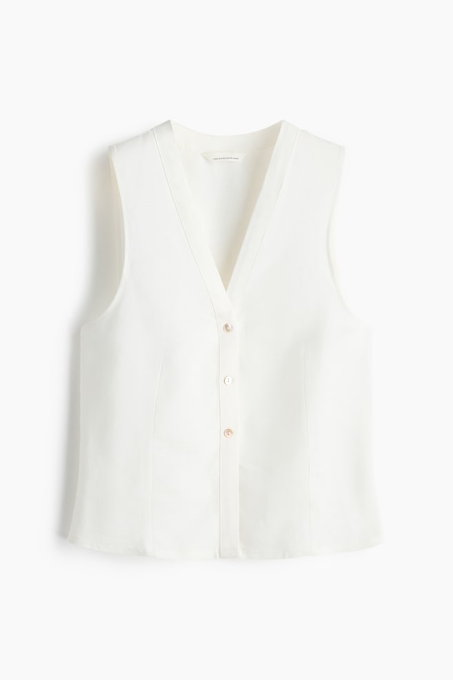 Sleeveless linen-blend shirt - White/Navy blue/Brown - 1