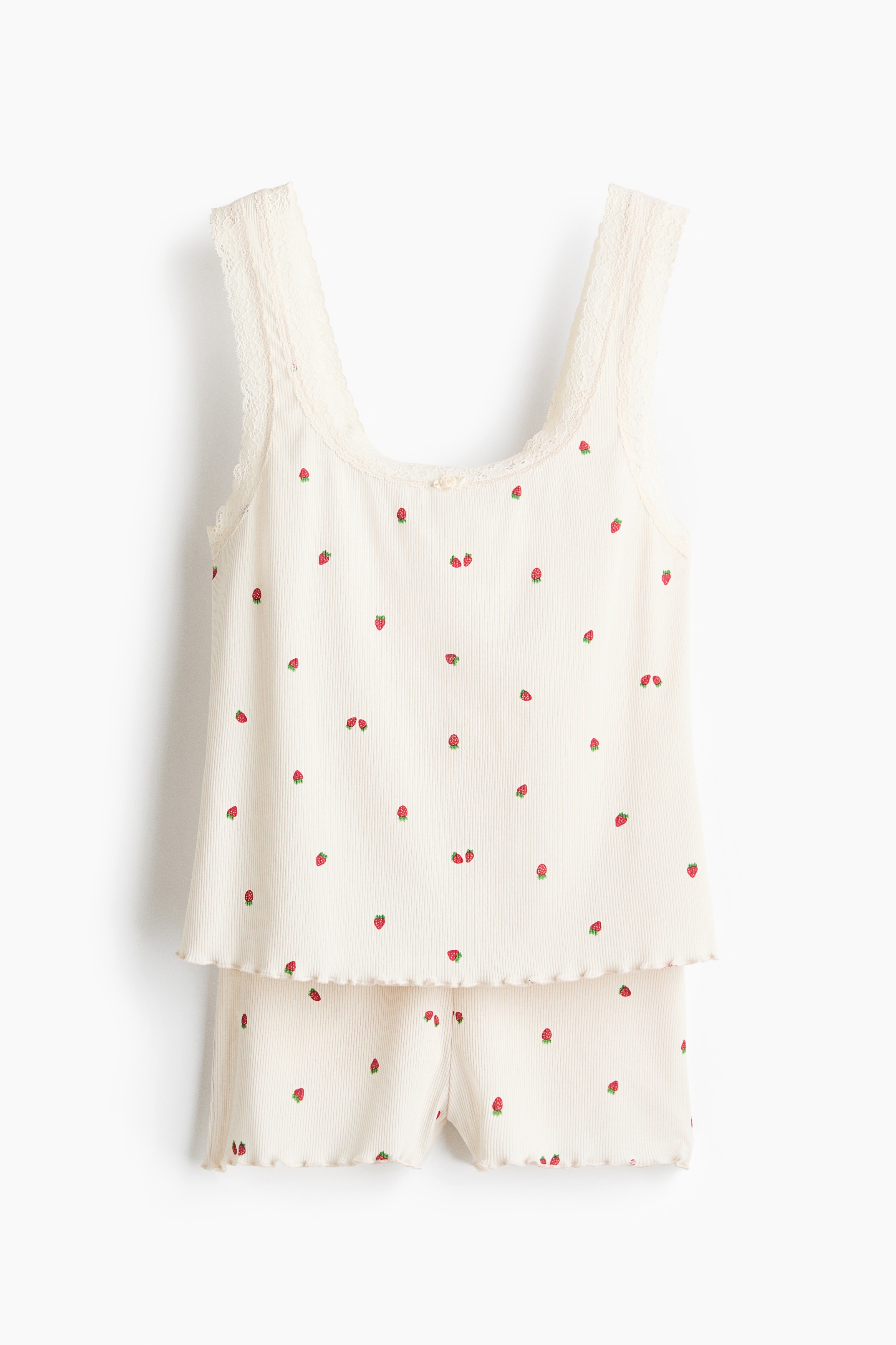 Pijama de canalé con ribetes de encaje - Crema/Fresas/Azul claro/Floral/Marrón oscuro/Rosa melocotón/Floral