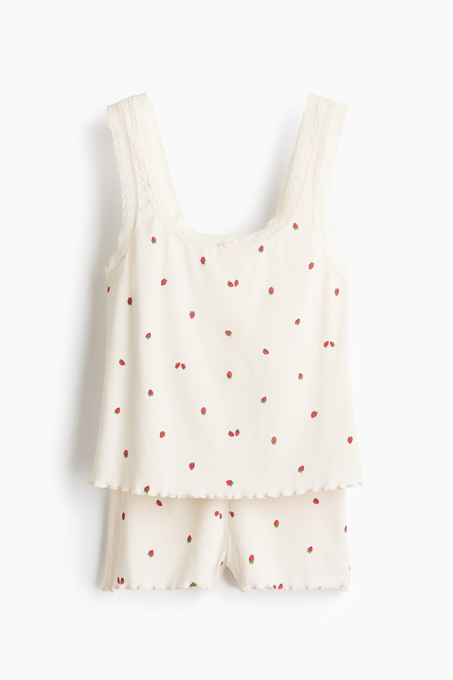 Пижама, кружевная отделка, в рубчик — H&M, цвет: Кремовый — фото 1