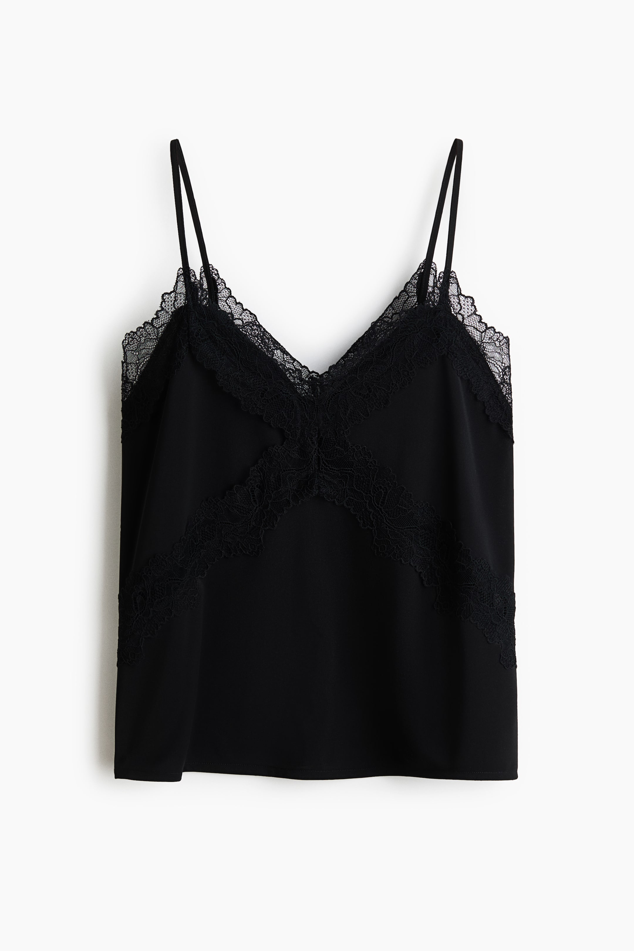 View larger image: A black camisole top featuring a V-neckline and thin spaghetti straps. Black lace trim adorns the V-neck and forms a diagonal pattern across the front.