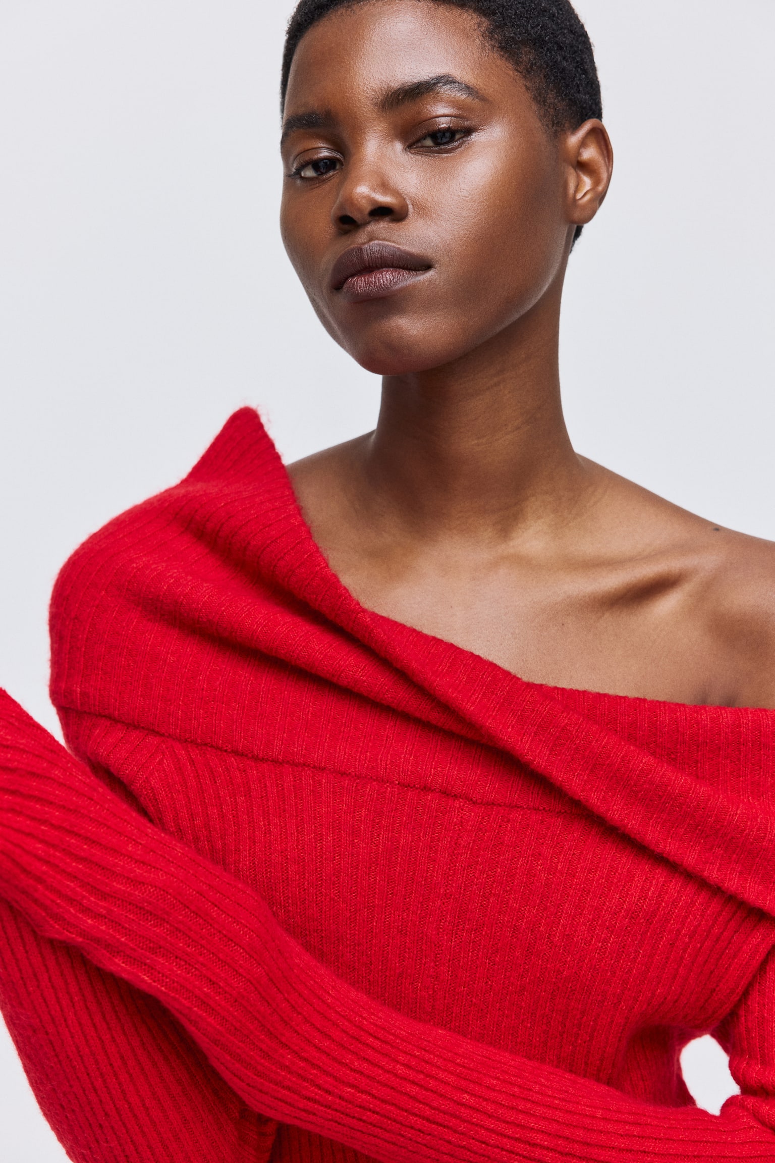 Robe épaule nues en maille côtelée - Rouge/Beige chiné/Crème/Gris foncé chiné - 5