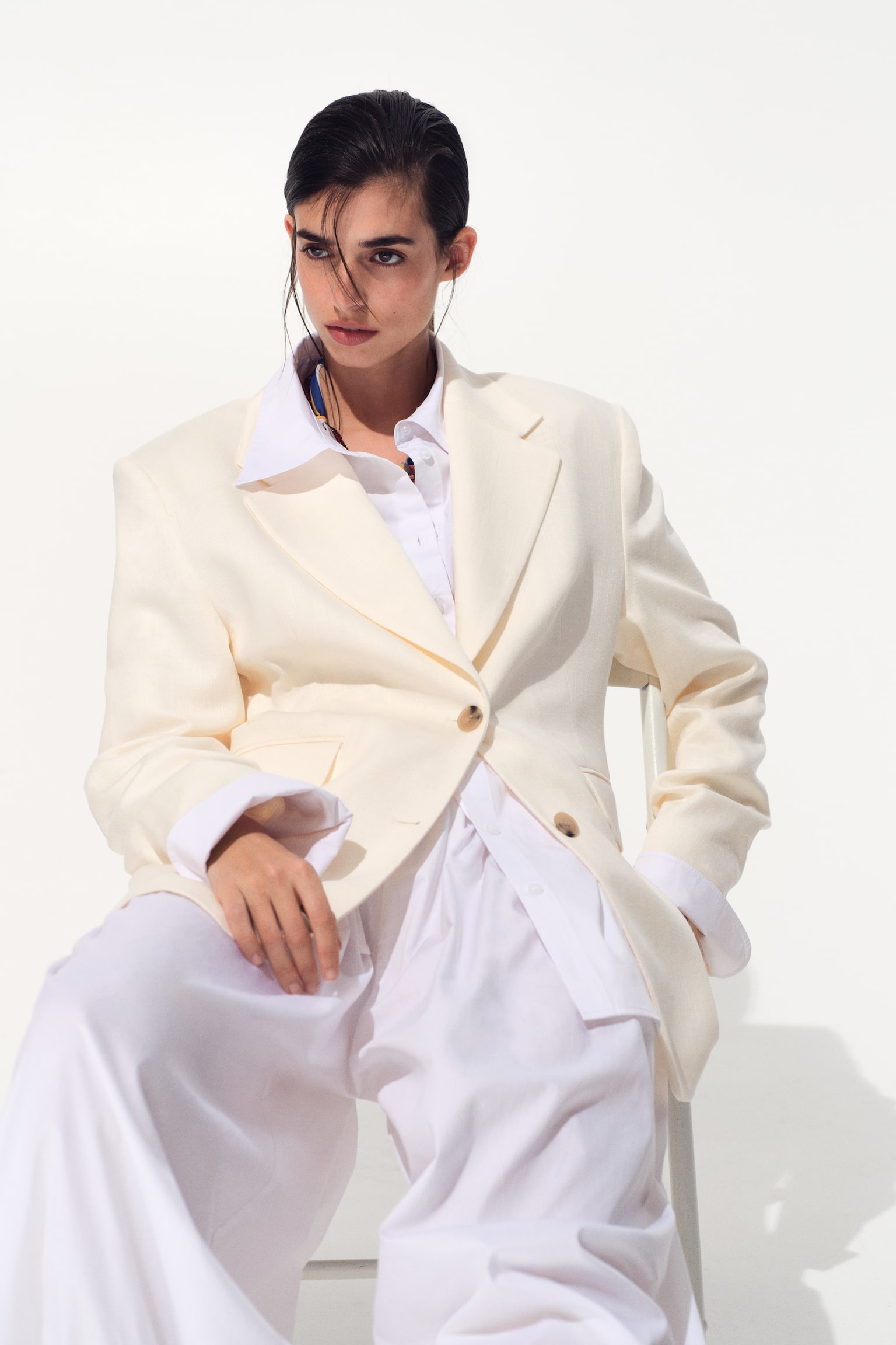 Single-breasted linen-blend blazer - Cream - 4