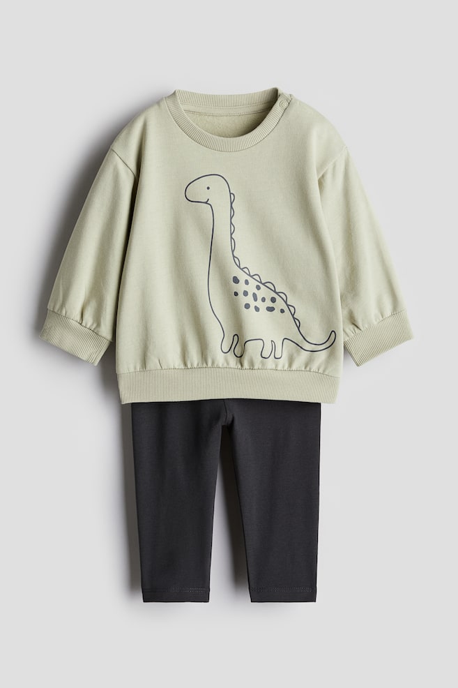 2-piece Sweatshirt and Leggings Set - Light green/dinosaur/Beige/floral/Light purple/hearts/Light pink/cherries/Light beige/bears/Light blue/hearts/Navy blue/striped/Dusty pink/apples/White/hearts/Beige/dotted/Light beige/bear/Light beige/floral/Dark gray/hearts/Dark gray - 1