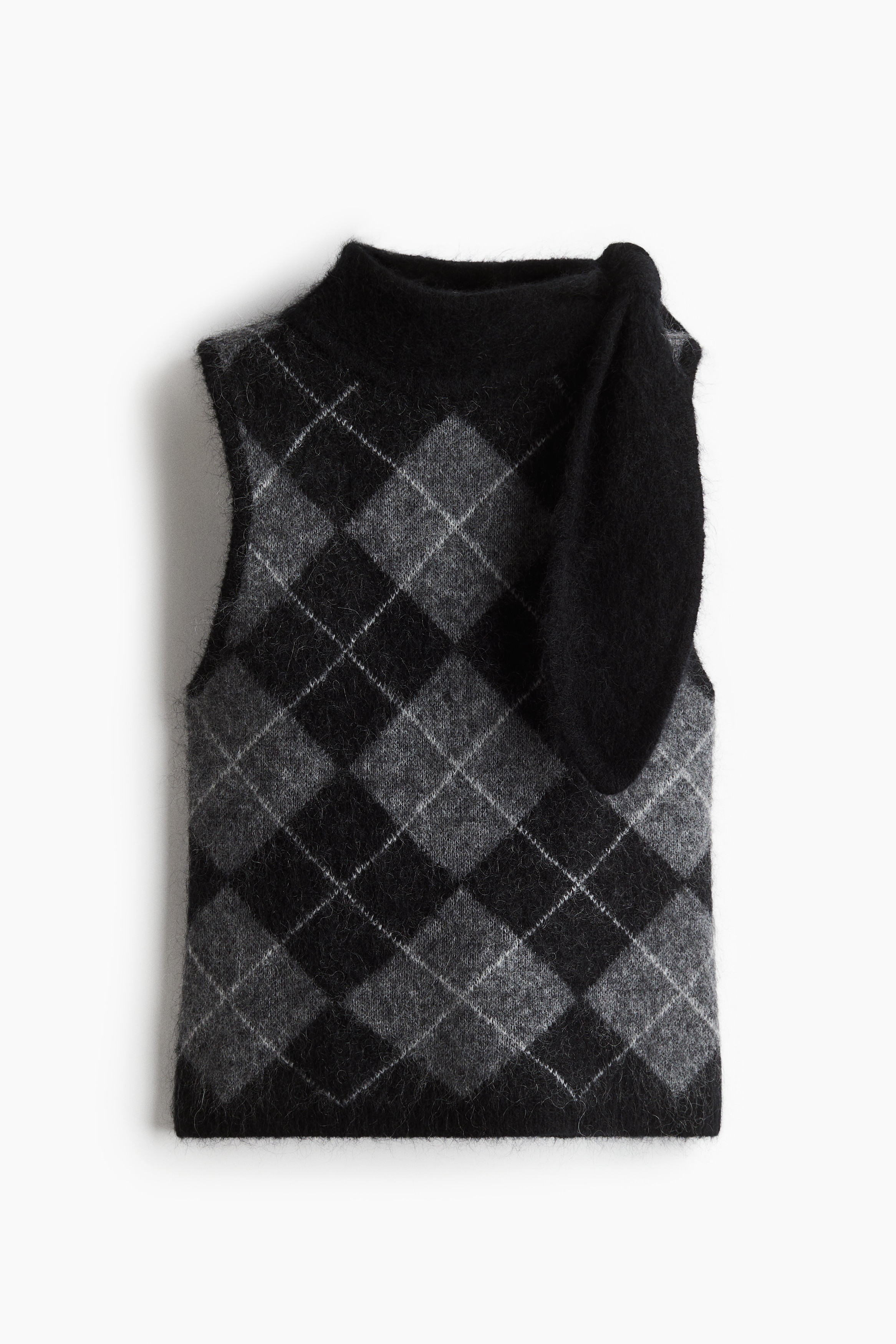 Camisola em mistura de mohair com gola cachecol - Cinzento/Padrão de losangos/Lilás escuro