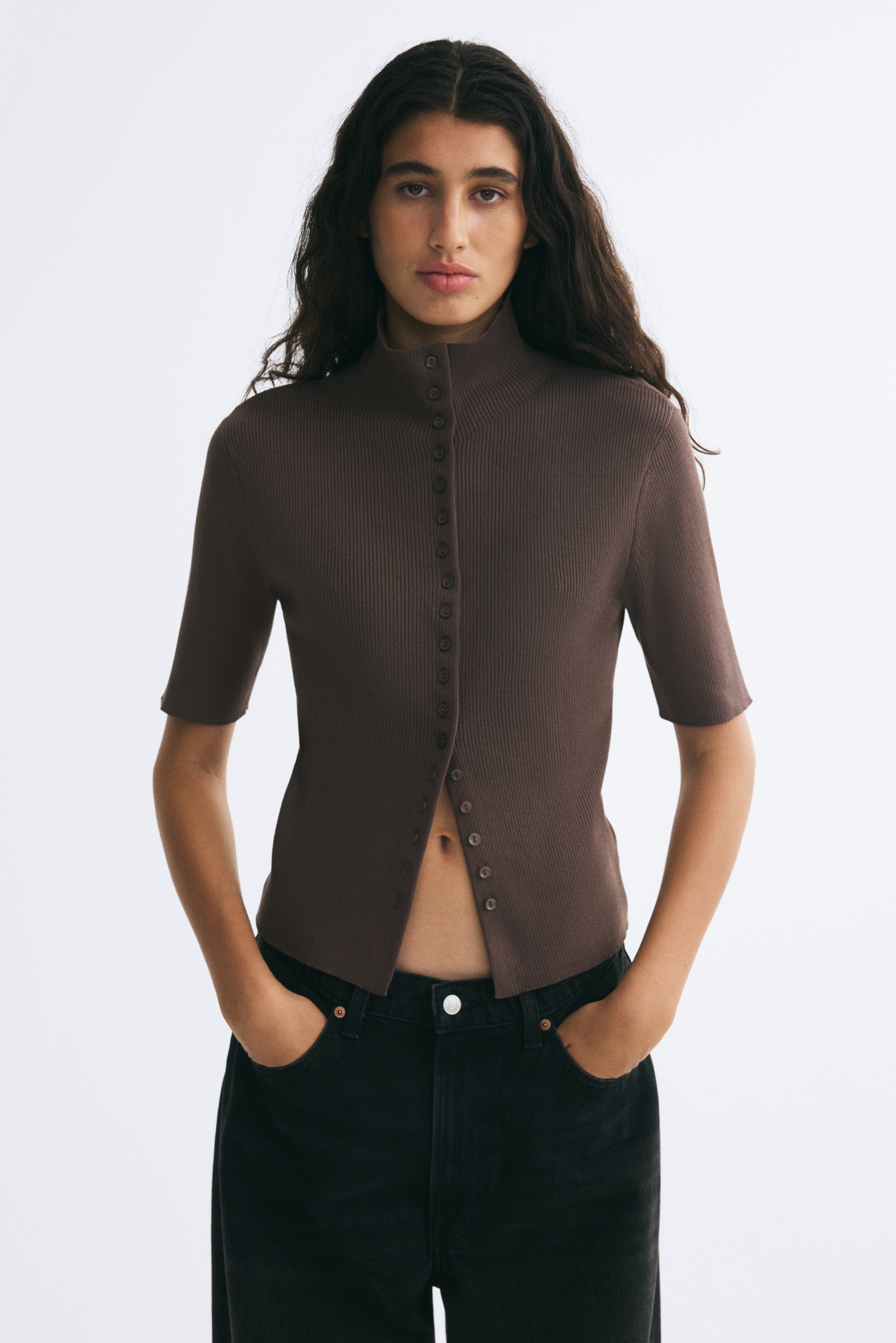 Áo cardigan cổ rùa ngắn tay - Màu nâu xám đậm/Màu be khói