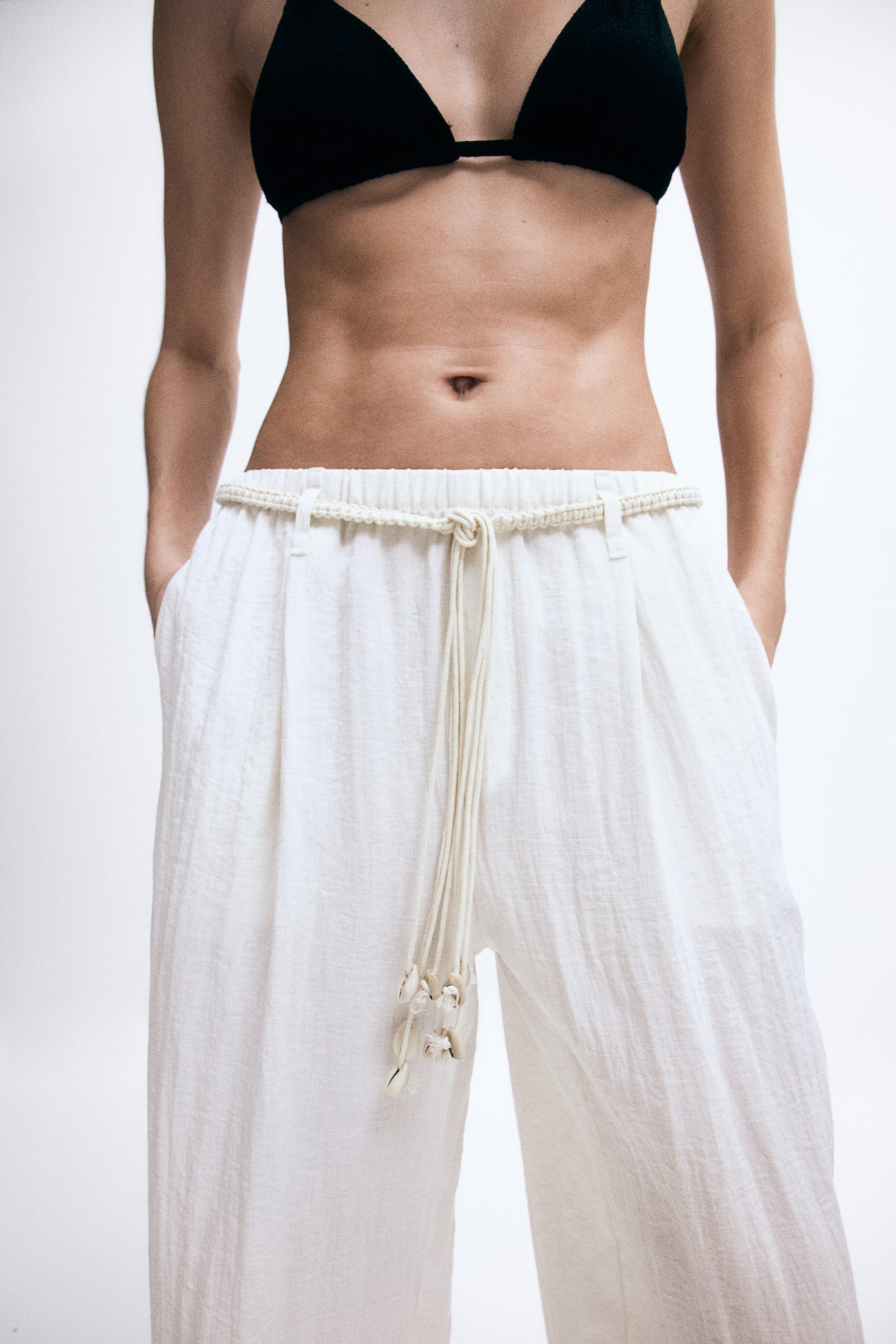 Pantalon avec ceinture en macramé - Crème - 4
