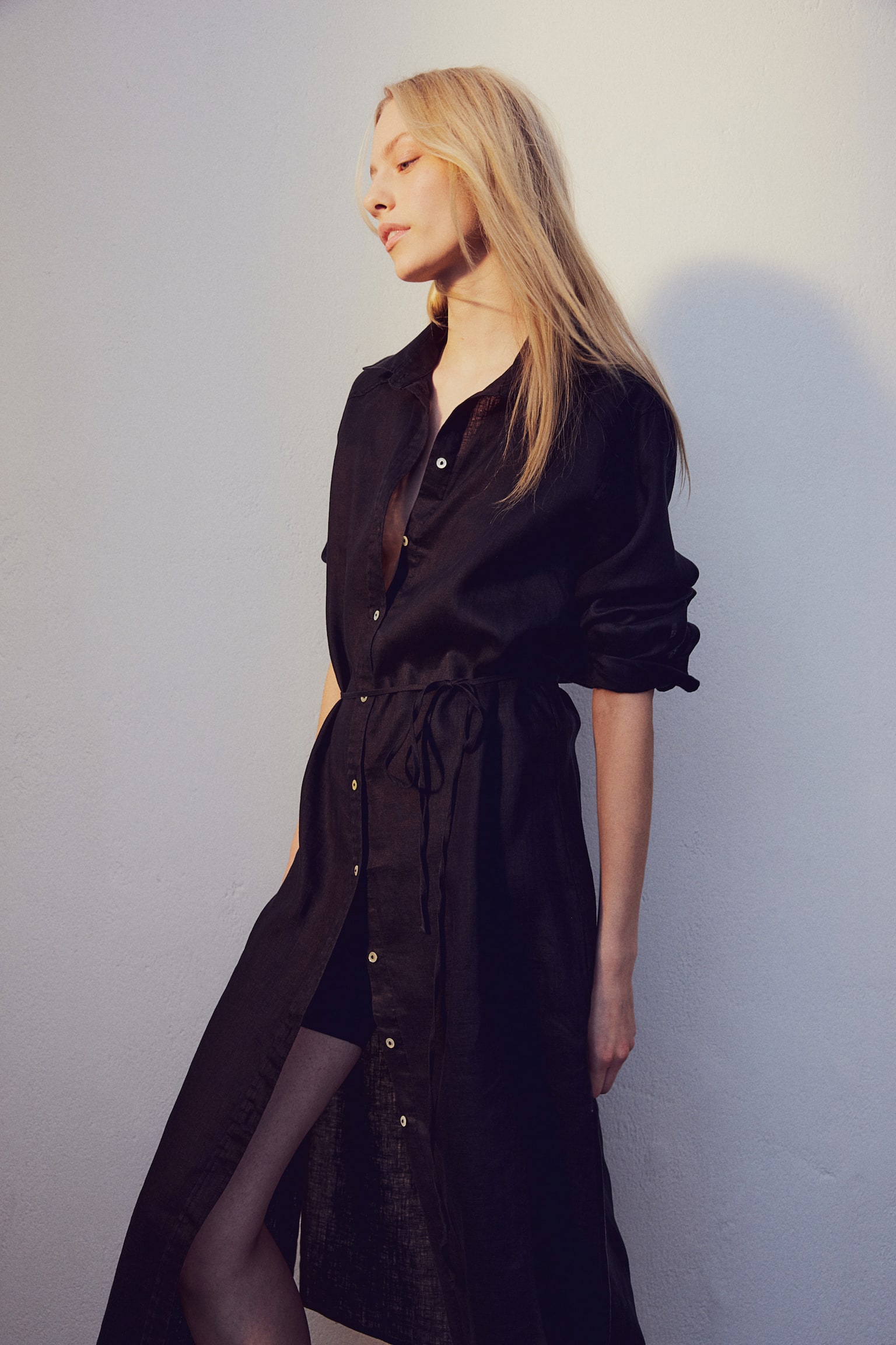 Linen shirt dress - Black/Black/Patterned/Blue - 5