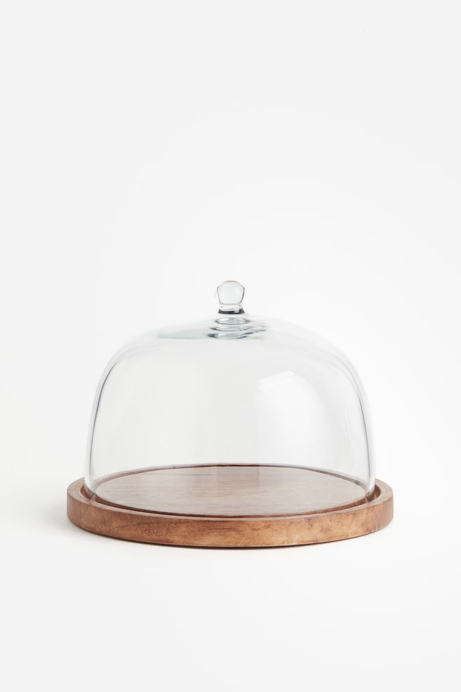 Petite cloche en verre avec plateau en bois - Marron/verre transparent - 1