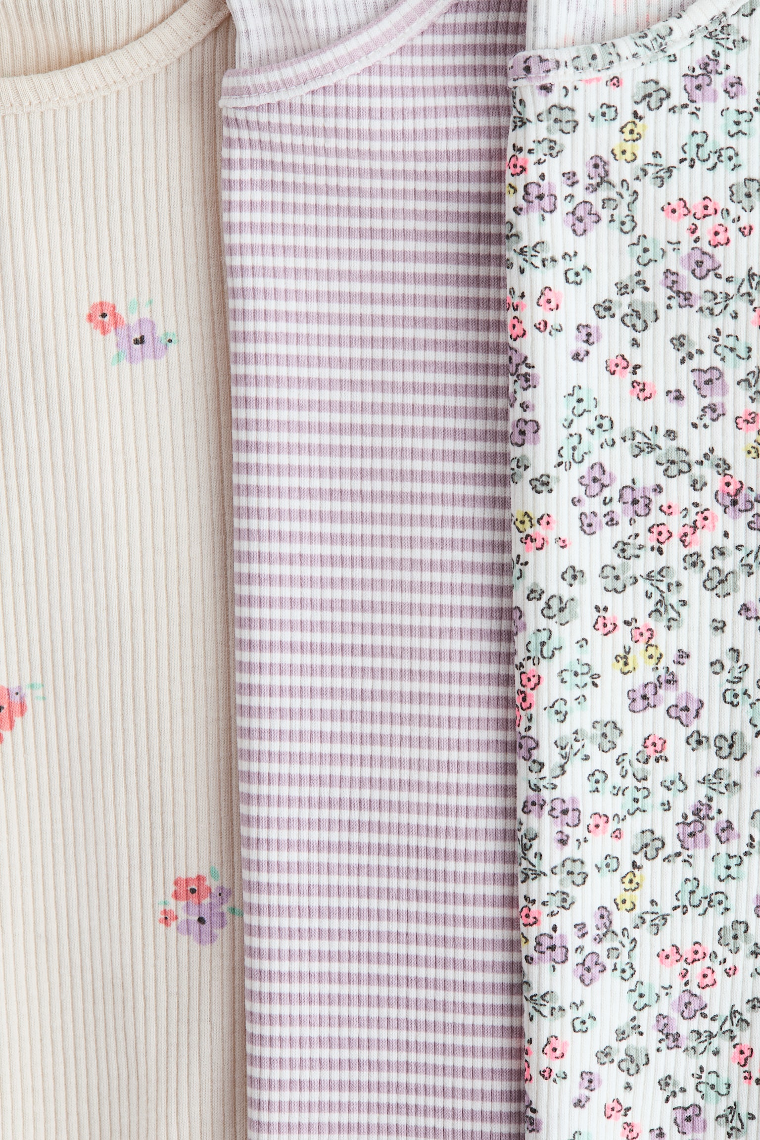 3-pack ribbed jersey tops - Light beige/Floral/Light beige/Hearts/Beige/Leopard print - 2