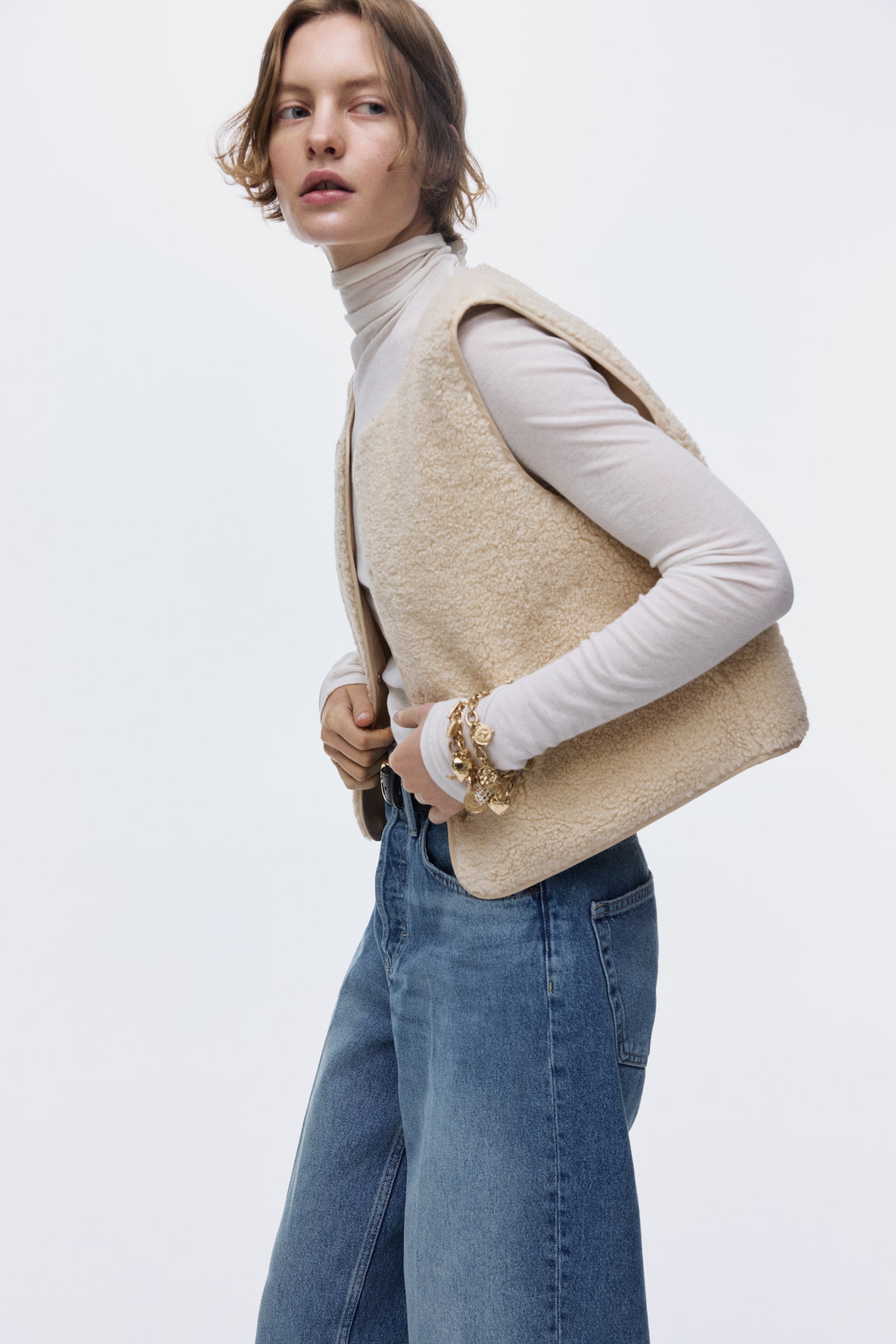 Gilet in pelliccia di pile - Beige chiaro - 3