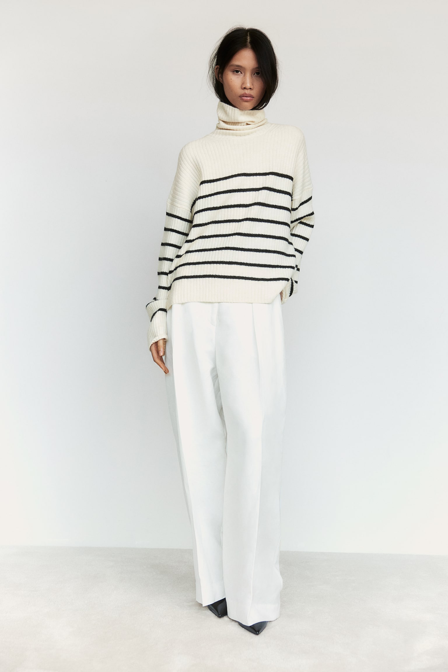 Oversized polo-neck jumper - Natural white/Striped/Dark grey marl/Light beige marl/Striped/Light beige marl/Cream - 6