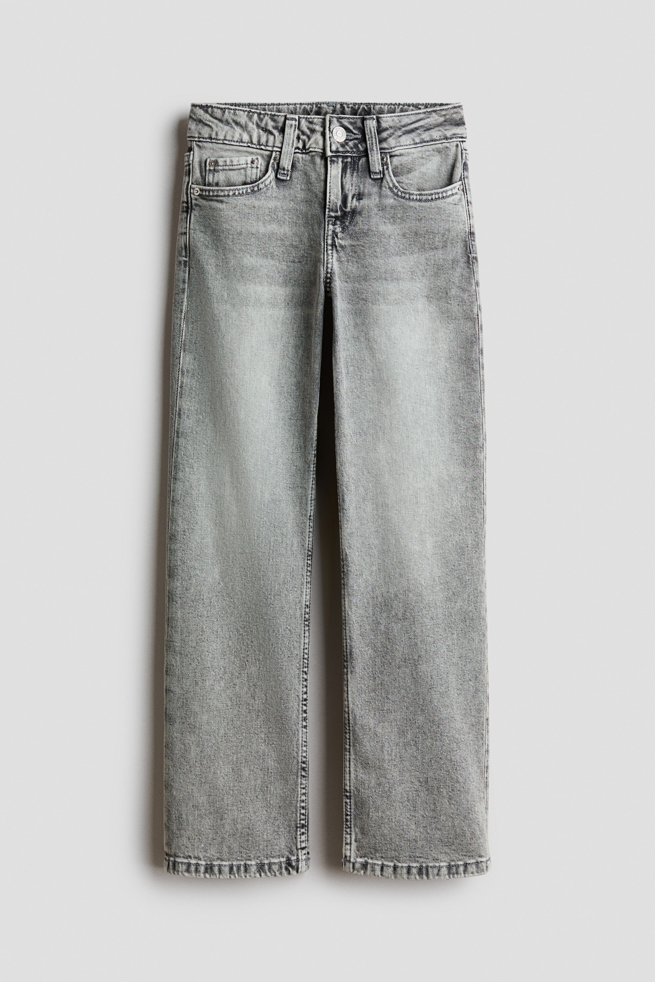 View larger image: A pair of straight-leg jeans in washed grey denim is shown from the front, featuring a classic five-pocket construction with belt loops and a single-button closure at the waist. The jeans are shown in a regular fit with subtle fading along the front of the thighs.