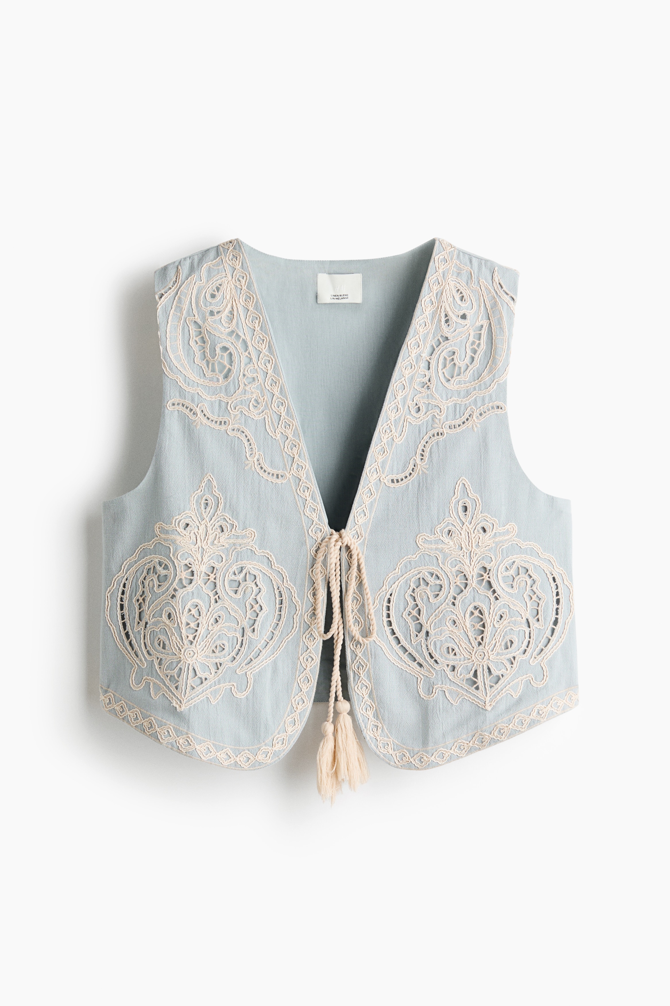Áo gi-lê bằng linen pha thêu ren lỗ - Màu xanh dương khói nhạt/Kem