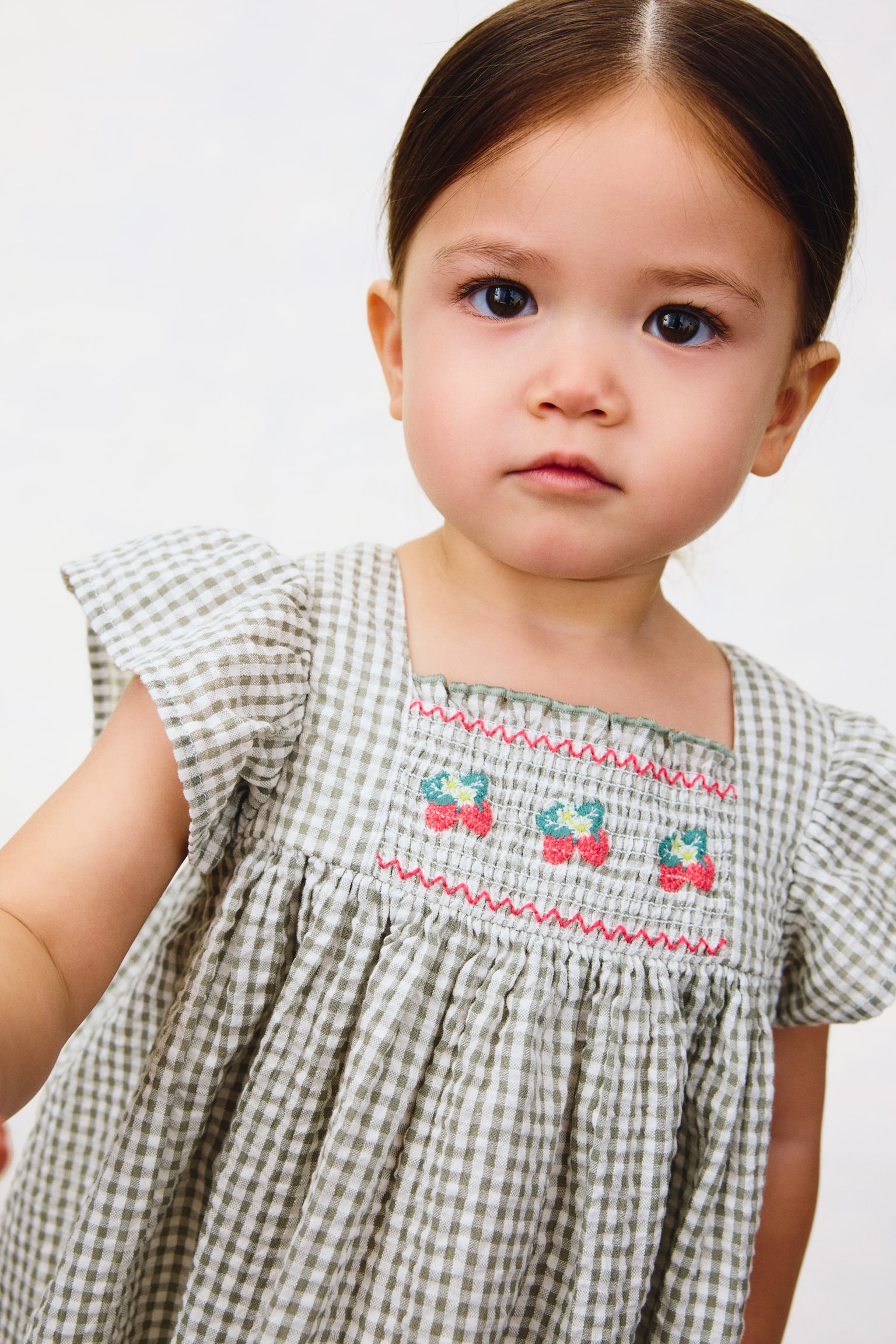 Vestido corte imperio en algodón - Verde caqui claro/Frambuesas - 6