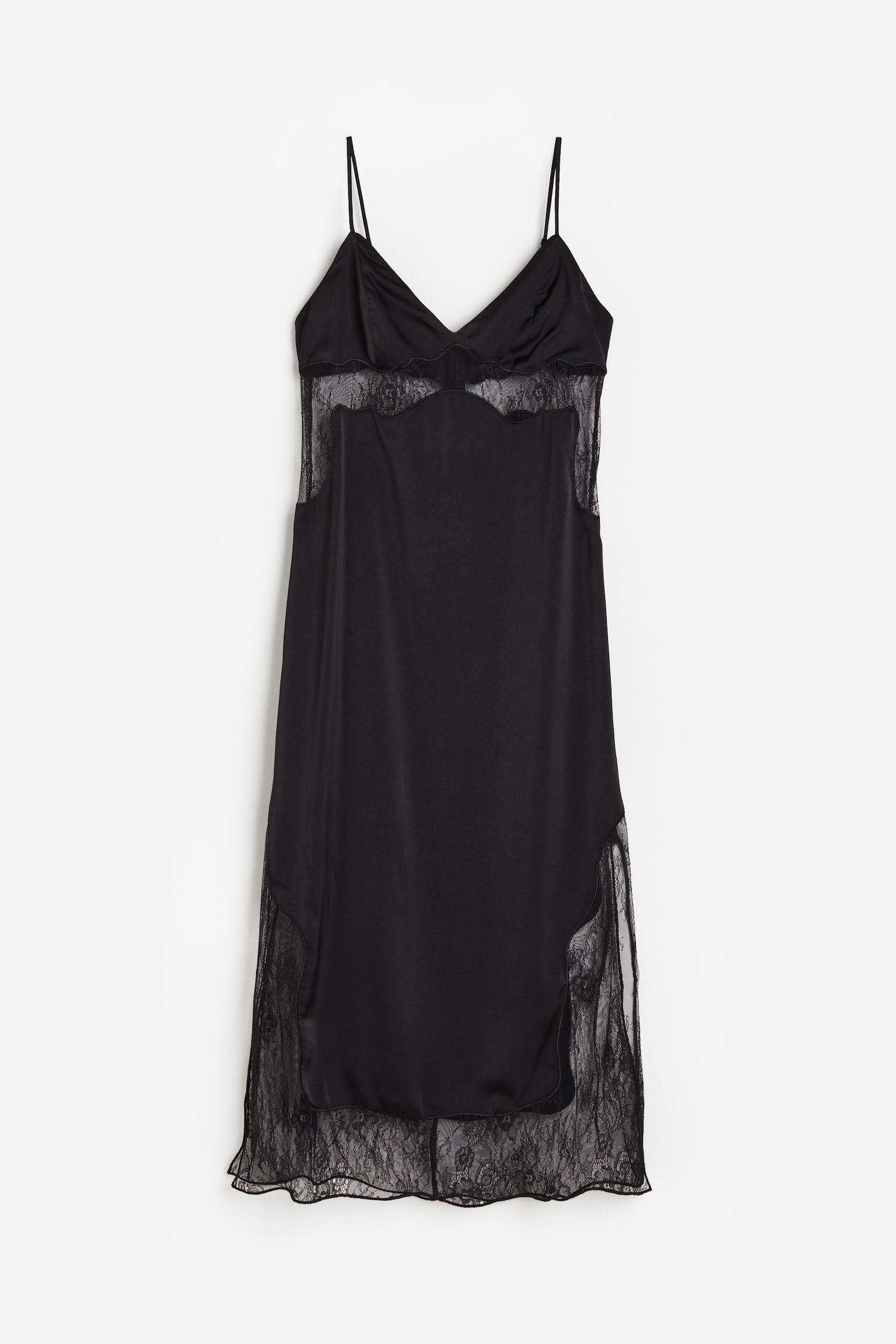 Lace Detail Satin Slip Dress - Black - 1