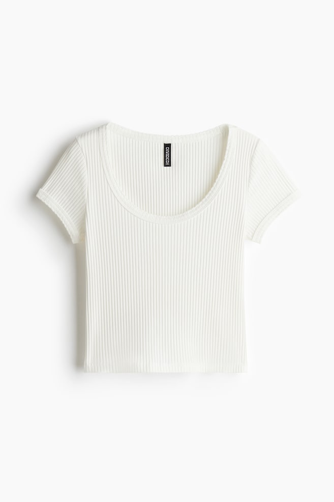 Picot-trimmed ribbed T-shirt - White/Black/Light blue - 1