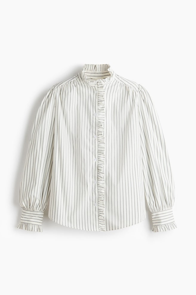 Frill Trim Blouse - White/Stripe - 1