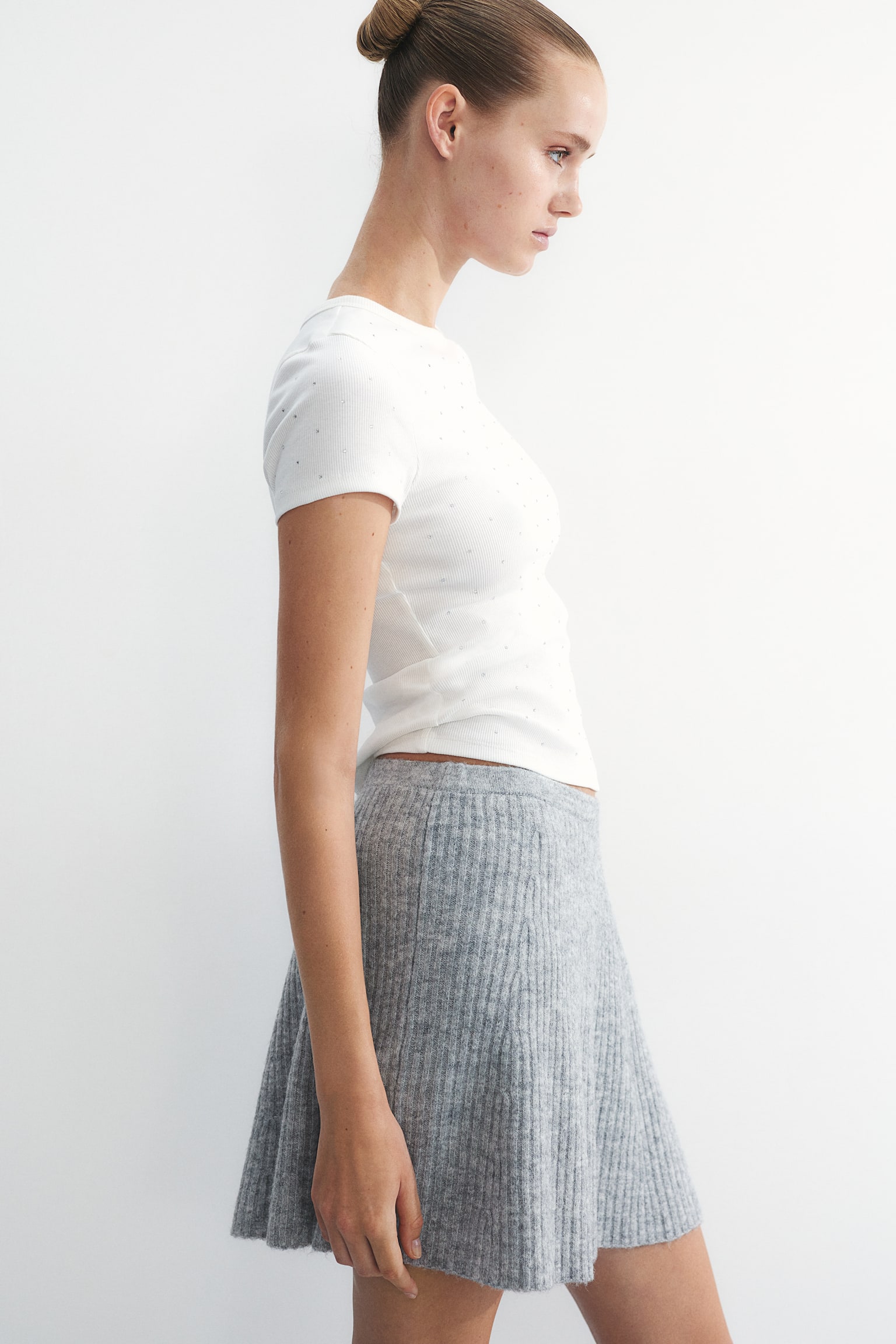 Rib-knit A-line mini skirt - Light grey marl/Black - 3