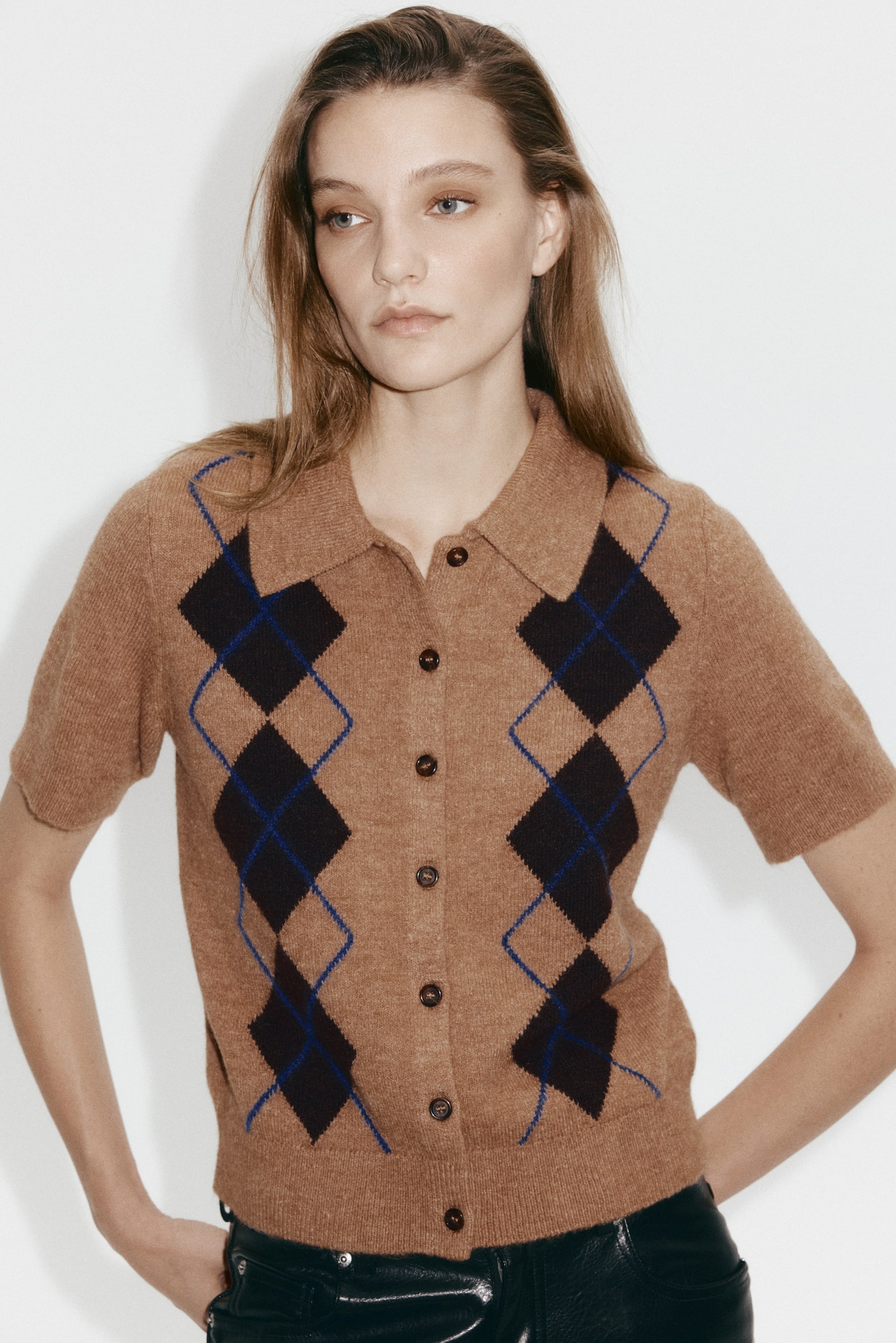 有領開襟衫 - Dark beige/Argyle pattern/深灰混色/菱格紋 - 2