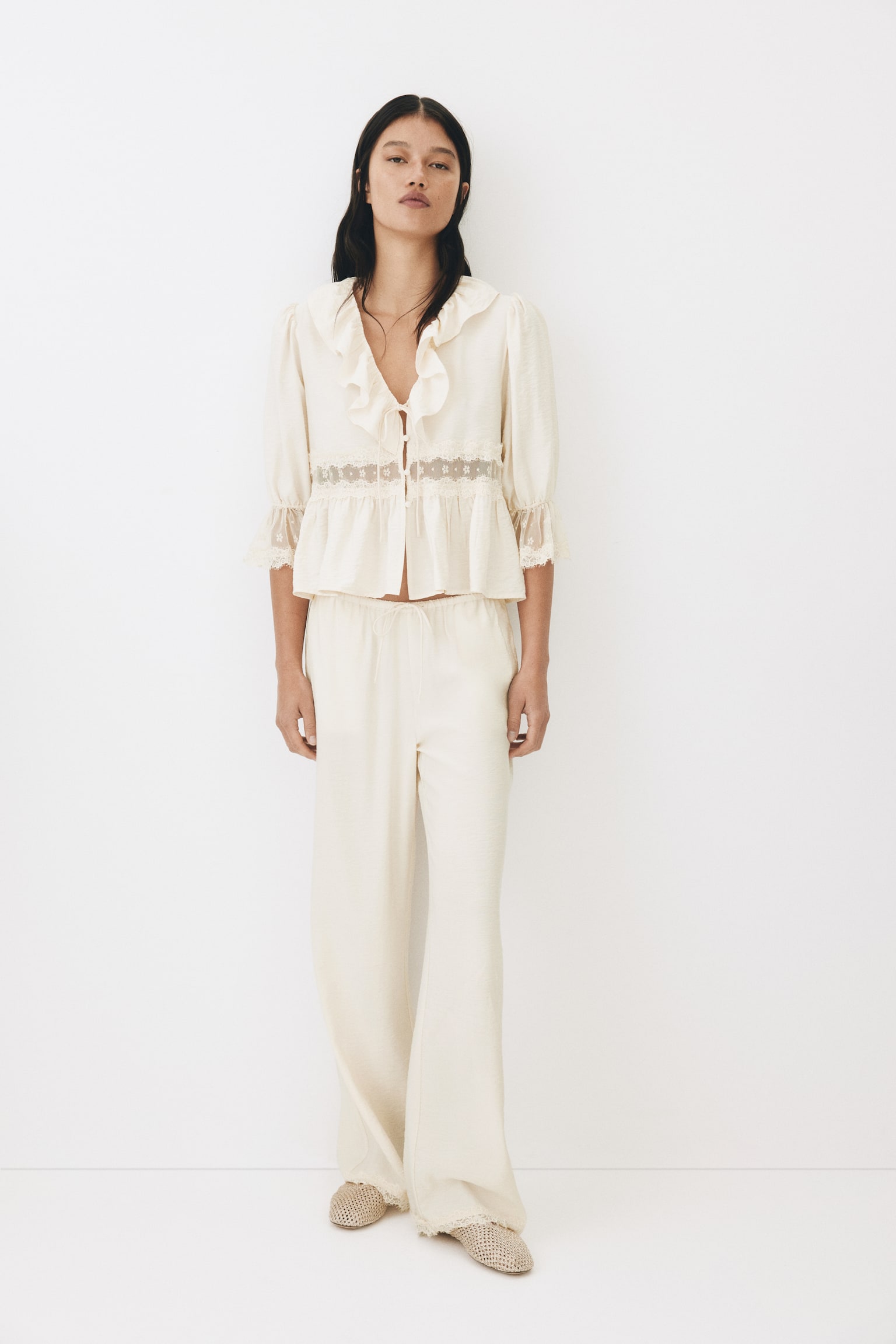 Pantalon avec cordon de serrage et dentelle - Beige clair/Marron - 5