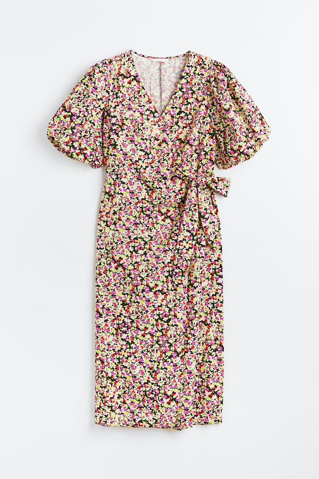 H&M+ Slå om-kjole med pufærmer - Mørkegrøn/Blomstret