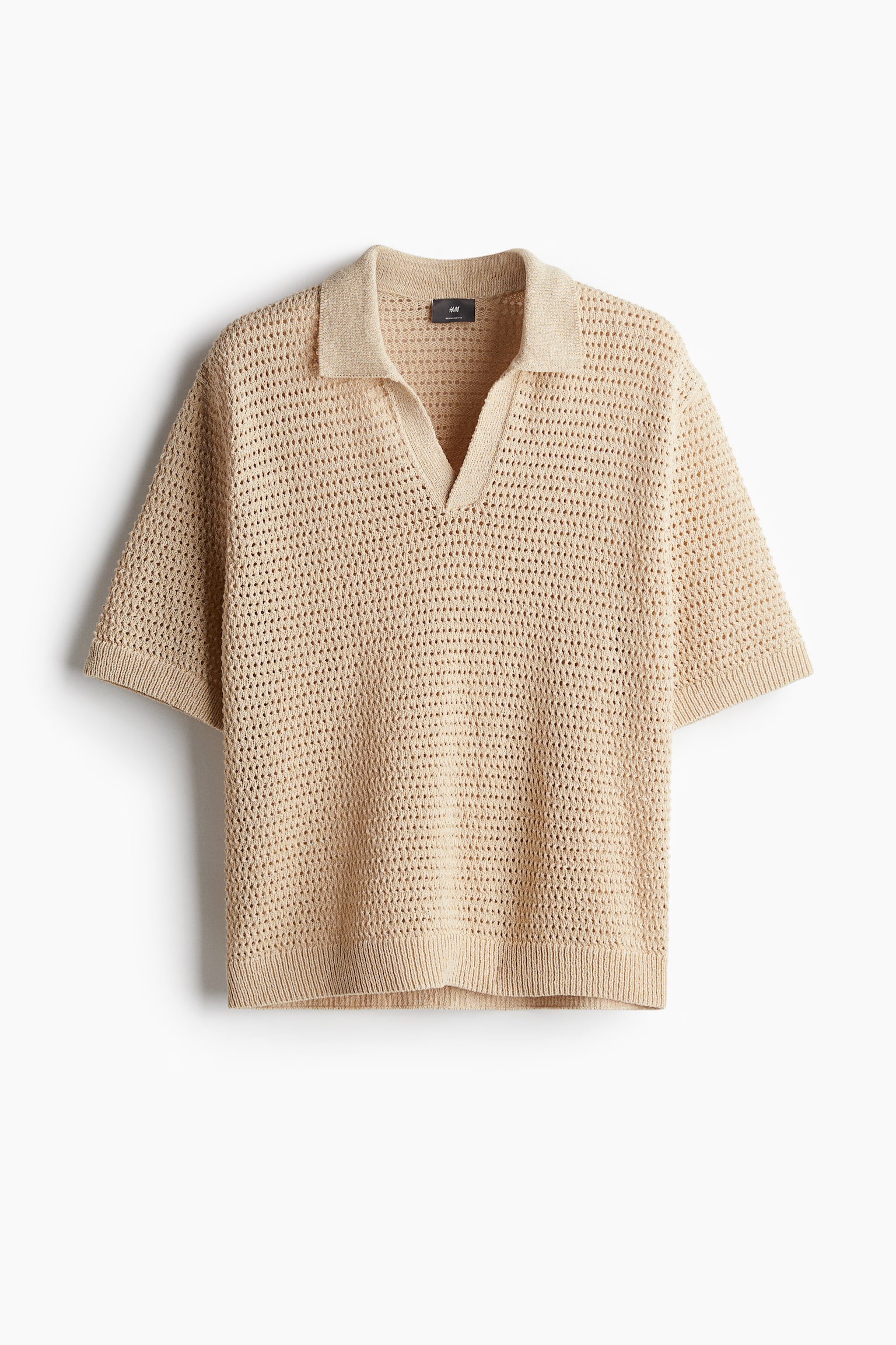 Loose Fit Hole-Knit Polo Shirt - Short sleeve - Regular length - Beige ...