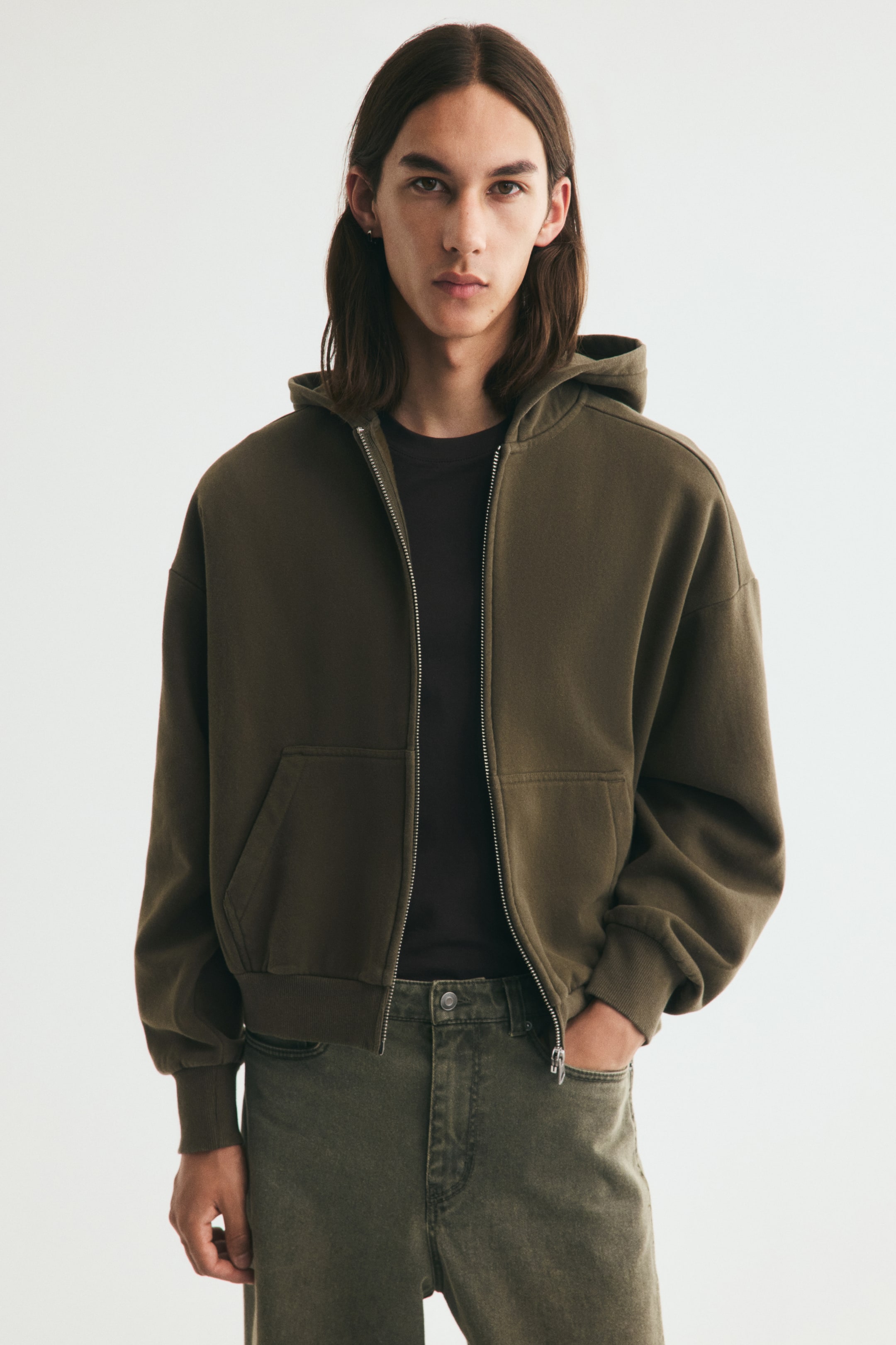 View larger image: Oversized Hooded Jacket - Dark khaki green - Men | H&M US 1