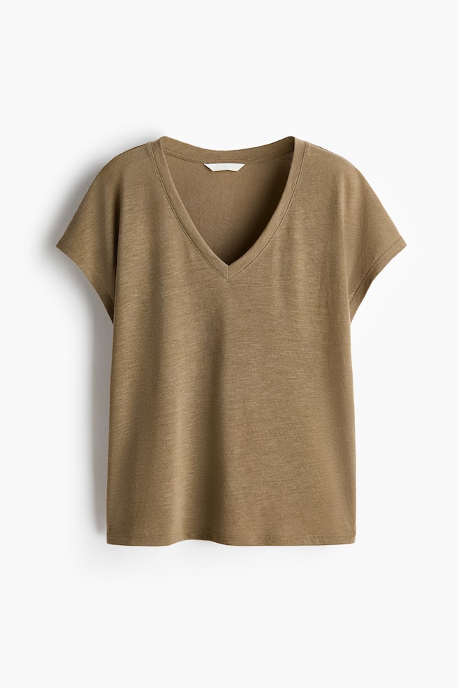 V-neck T-shirt - Khaki green/White - 1