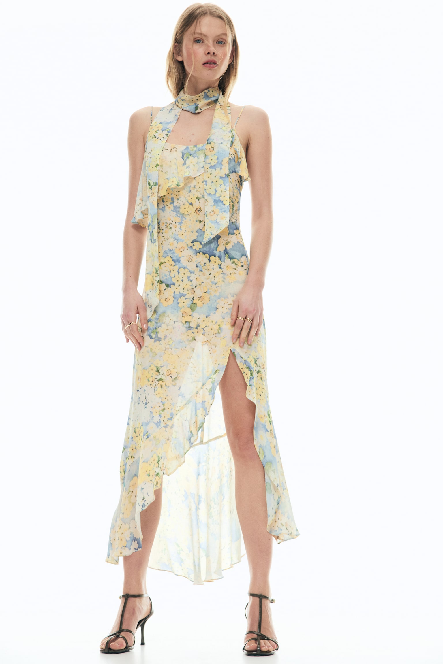 Vestido de chifón con mascada y olanes - Amarillo claro/Floreado - 1