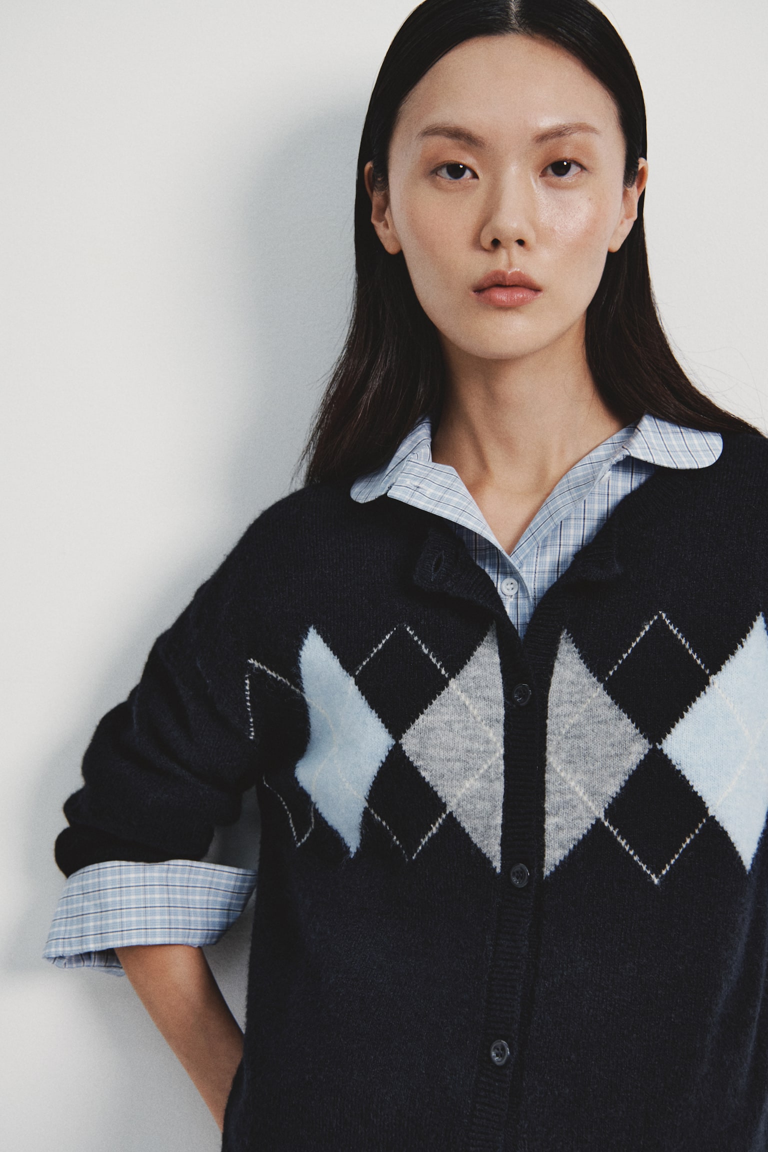 자카드 니트 가디건 - 네이비 블루/아가일 패턴/다크 그레이 멜란지/아가일 패턴 - 3