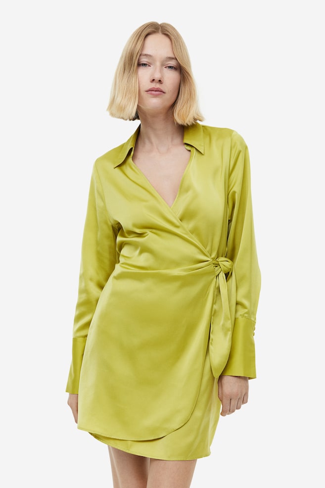 Satin wrap dress - Yellow-green/Dark green/Patterned - 1