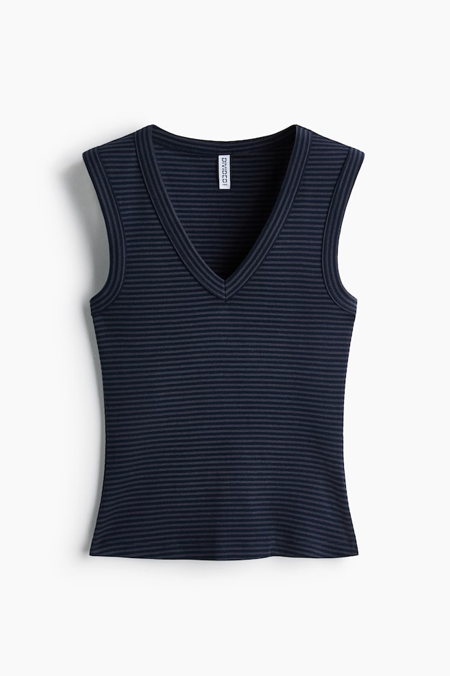Ribbed V-Neck Tank Top - Dark blue/striped/Cream/Black - 1