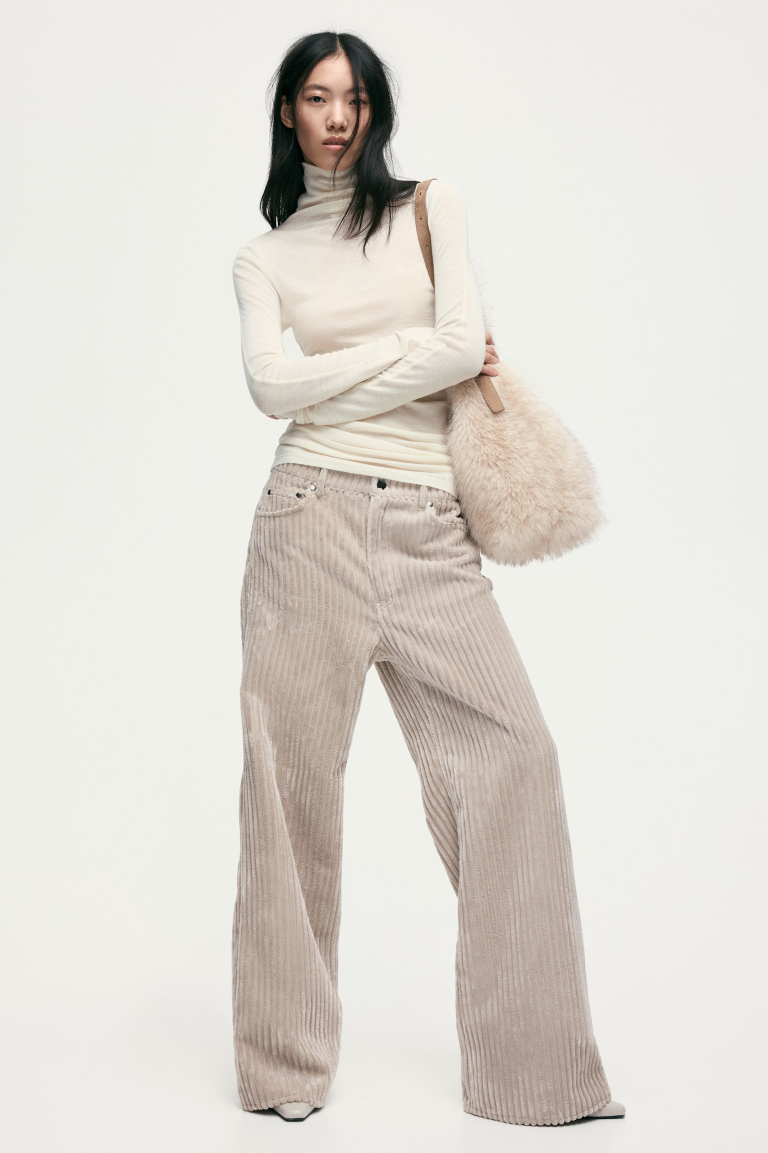 Top de lana con cuello alto - Crema/Gris oscuro jaspeado - 3